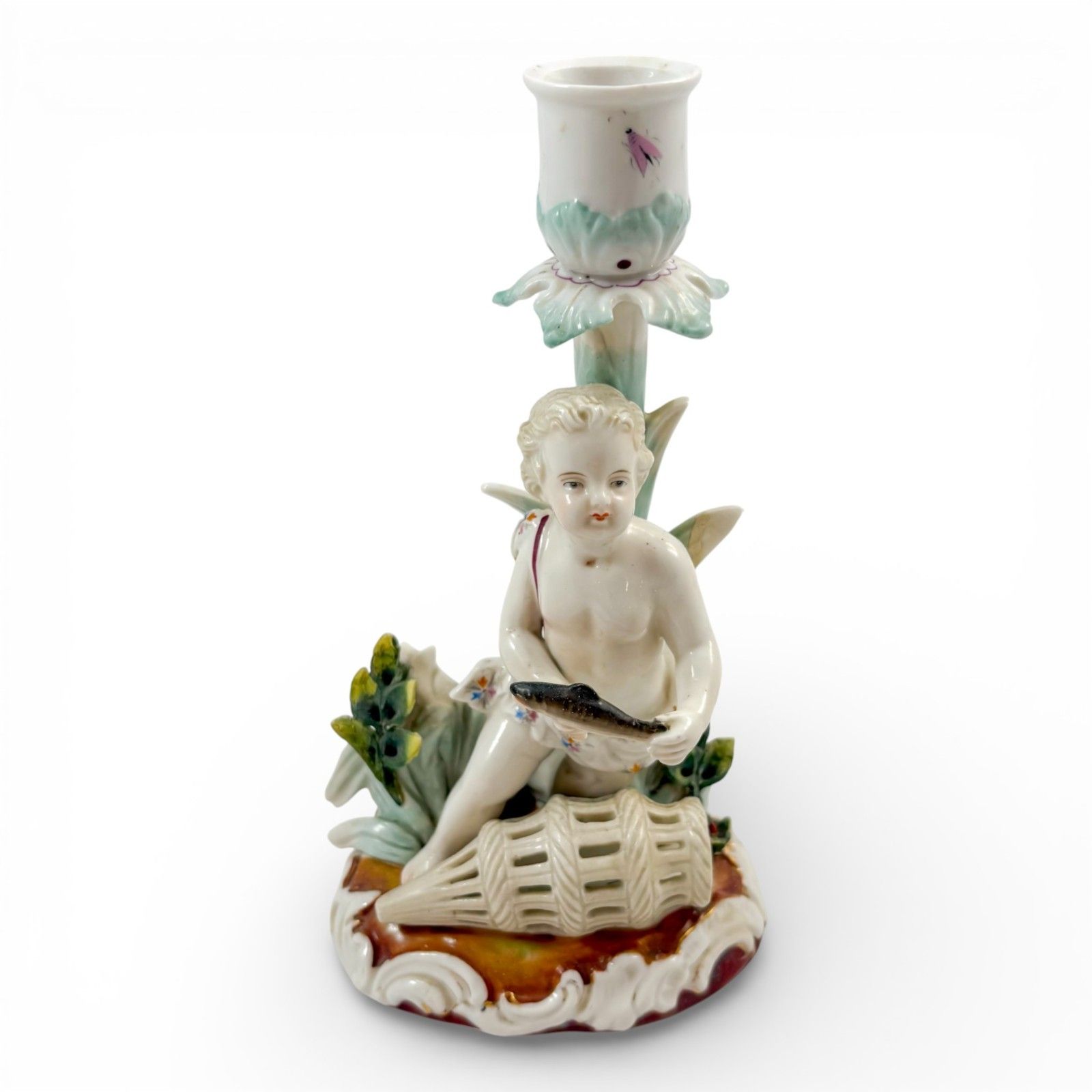 Antique 19th Century Continental Porcelain Cherub Candlestick With Floral Stem photo 200.0