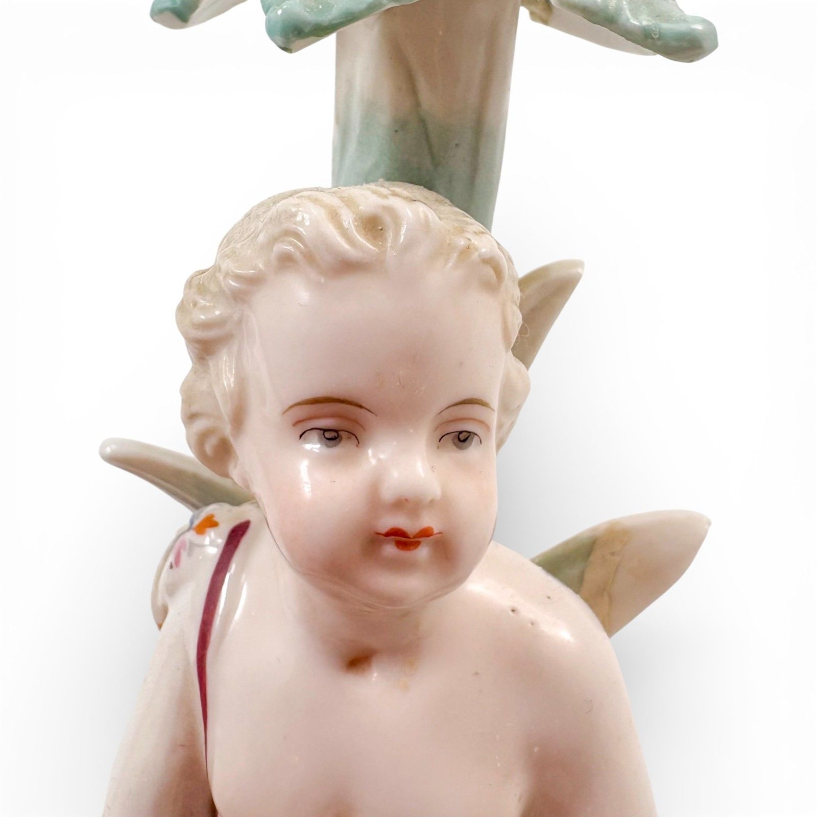 photo furniture Antique 19th Century Continental Porcelain Cherub Candlestick With Floral Stem