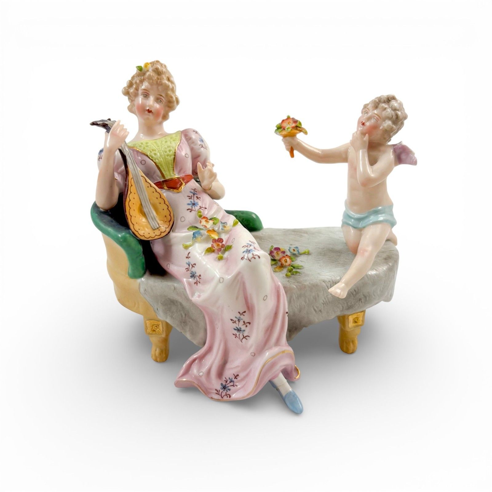 Antique Sitzendorf Porcelain Figurine Lady With Cherub And Mandolin C. 1910 photo furniture