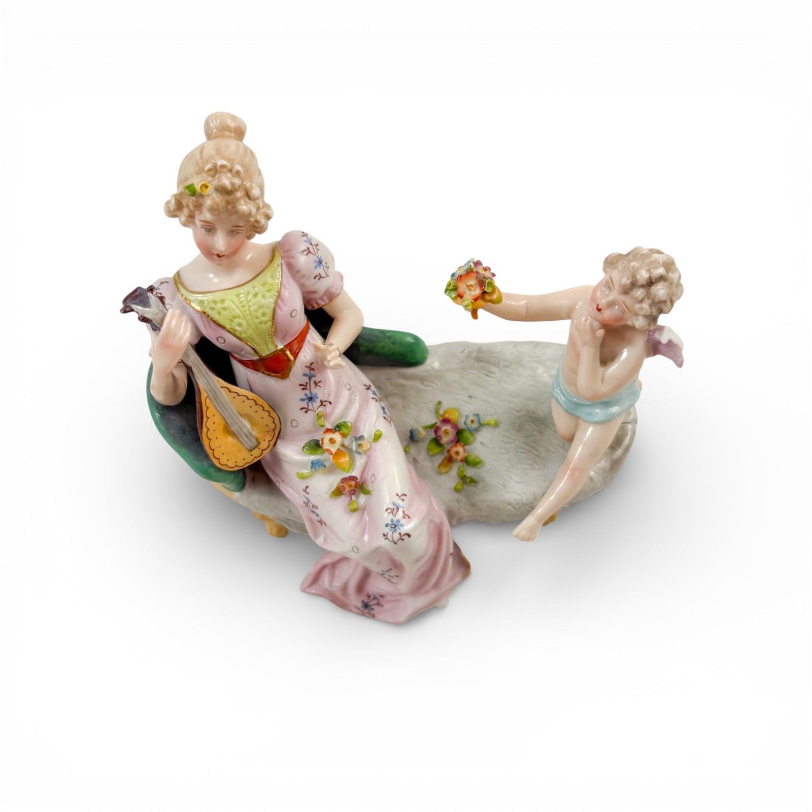 Antique Sitzendorf Porcelain Figurine Lady With Cherub And Mandolin C. 1910 photo vinterior