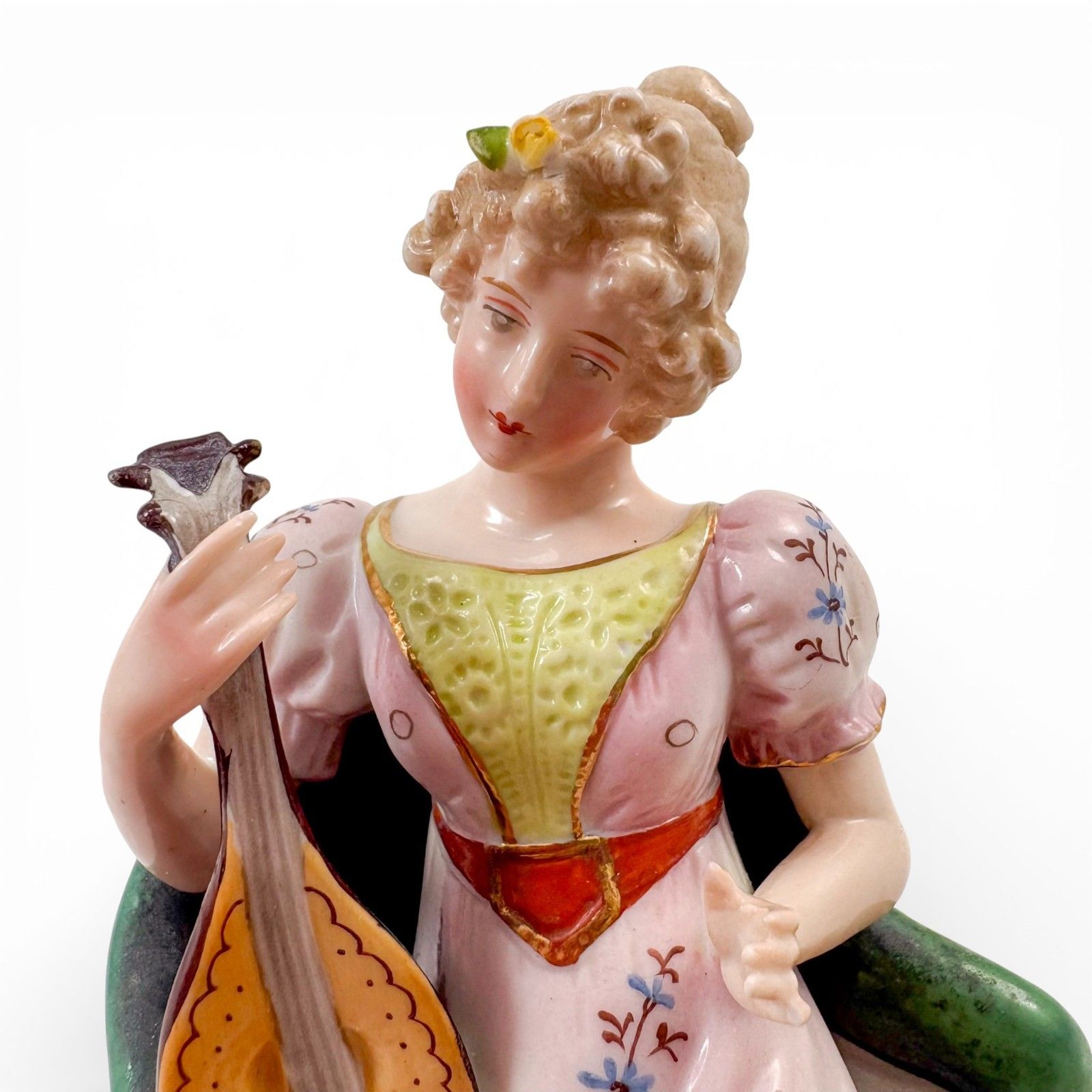 photo for sale Antique Sitzendorf Porcelain Figurine Lady With Cherub And Mandolin C. 1910