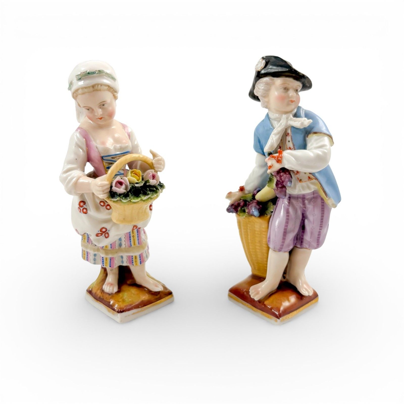 19th C Sitzendorf Antique Porcelain Figurines Flower Girl & Fruit Boy Pair 15cm