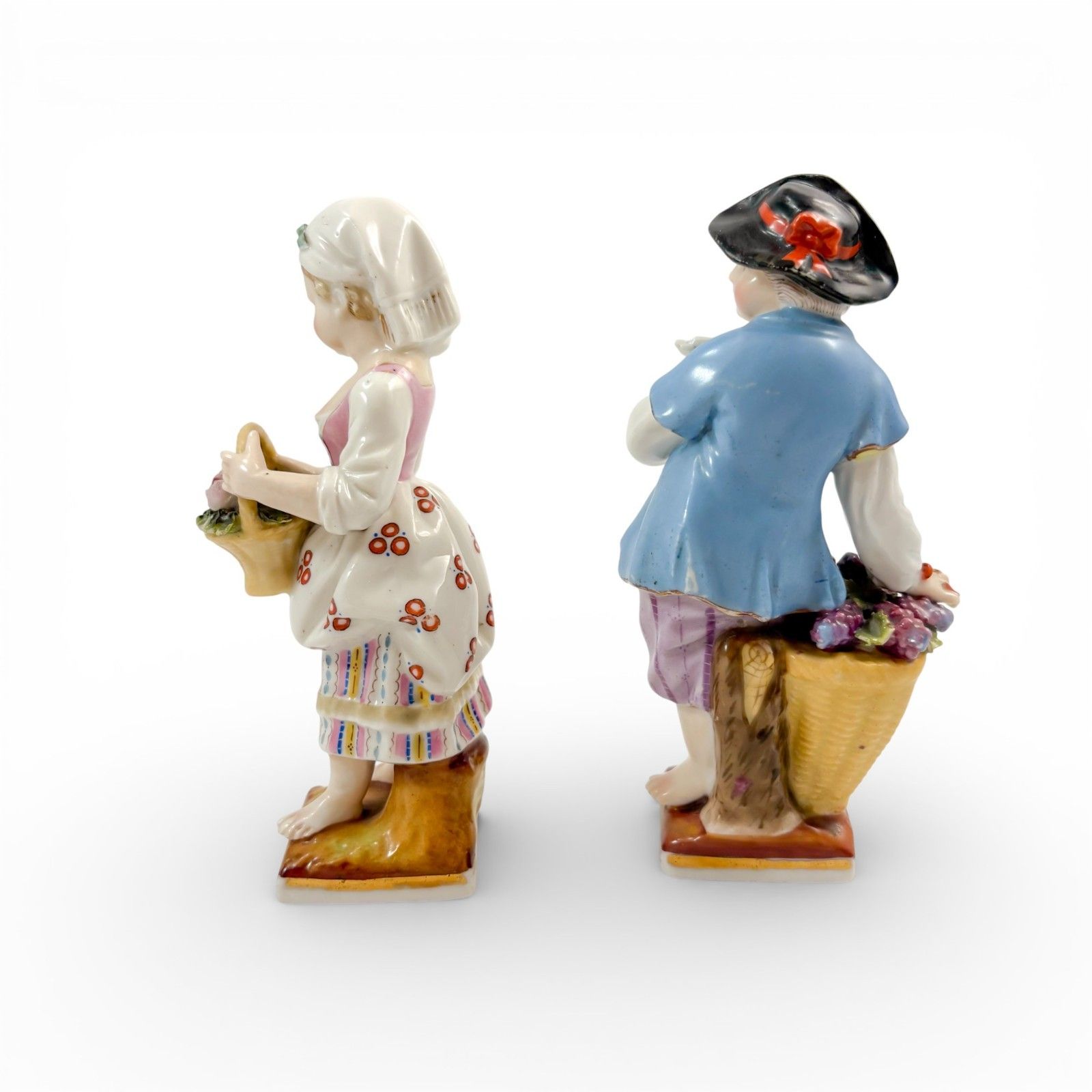 19th C Sitzendorf Antique Porcelain Figurines Flower Girl & Fruit Boy Pair 15cm photo for sale