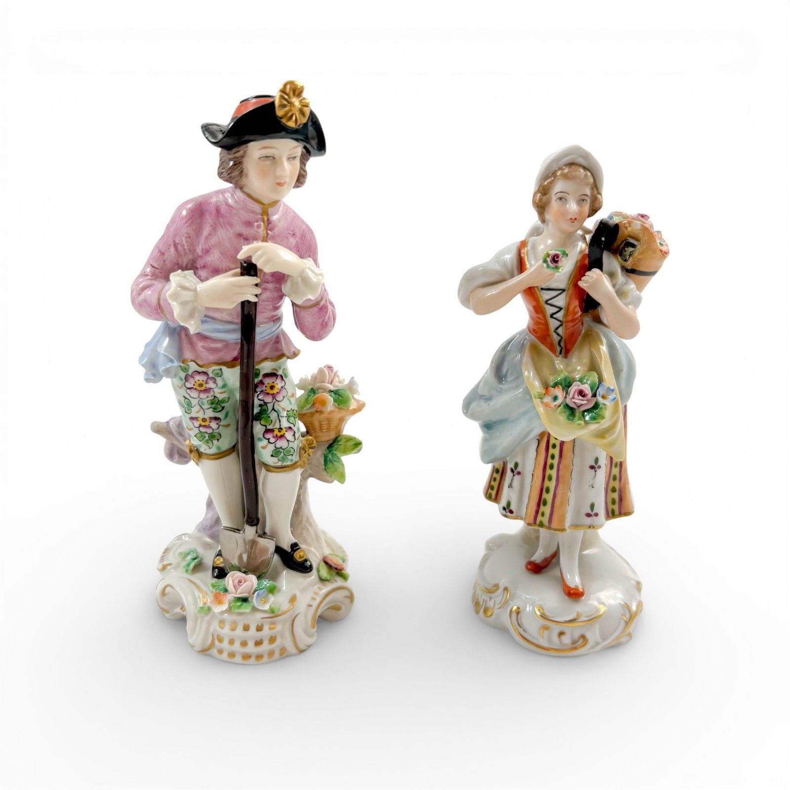 Antique German Sitzendorf Porcelain Figurines Pair Floral Sellers C.1930s photo for sale
