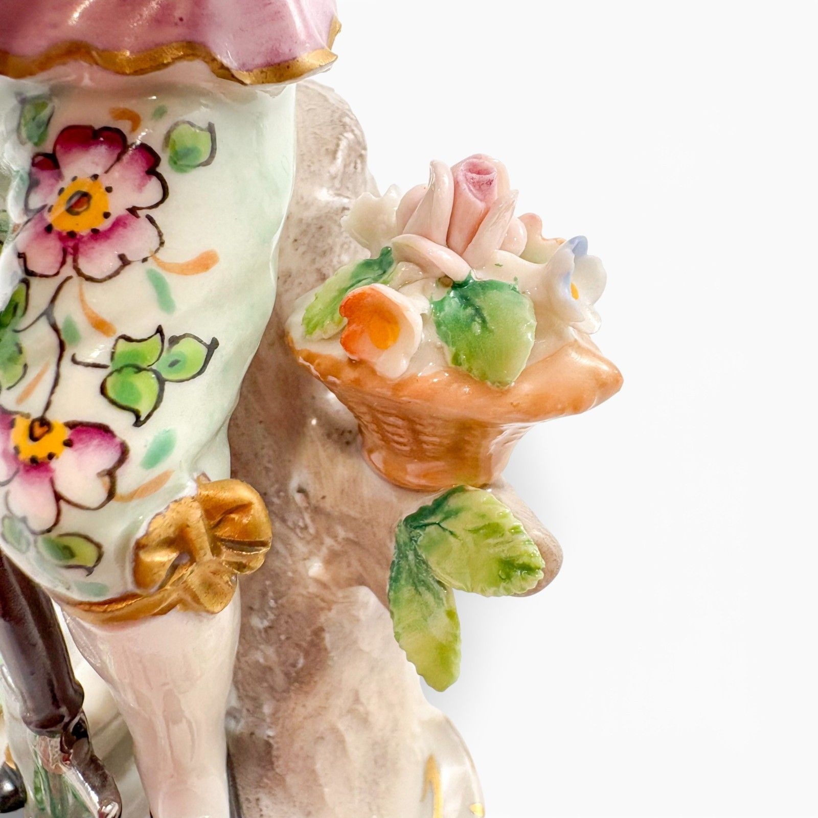 photo for sale Antique German Sitzendorf Porcelain Figurines Pair Floral Sellers C.1930s