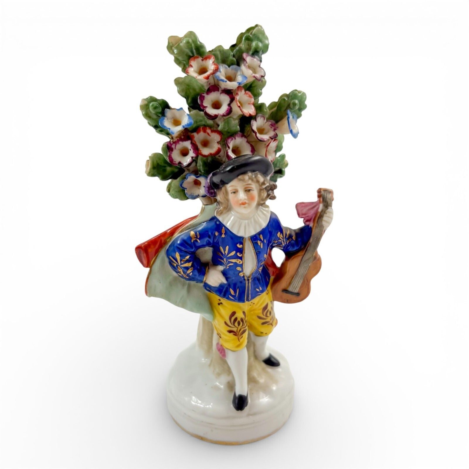 Rococo Style German Porcelain Troubadour Figurine With Floral Bocage Posy Holder