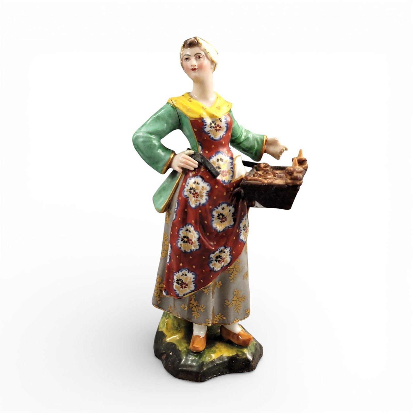 Georgian Derby Porcelain Figure Of A Female Bun Seller (Street Vendor), C.1800