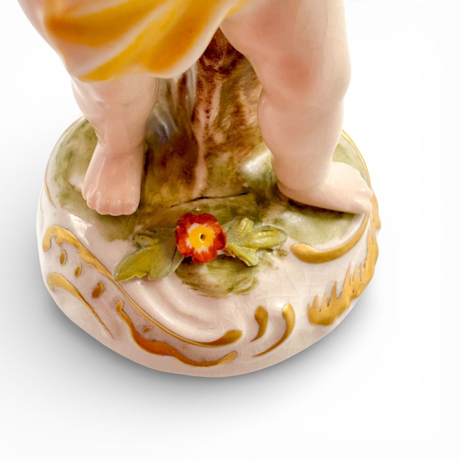 photo furniture Antique German Porcelain Boy With Flower Basket Figurine, Dresden Style C.1900