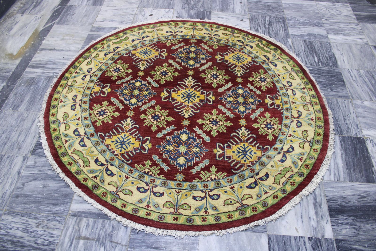 5x5 Red Kazak Caucasian Handmade Round Rug