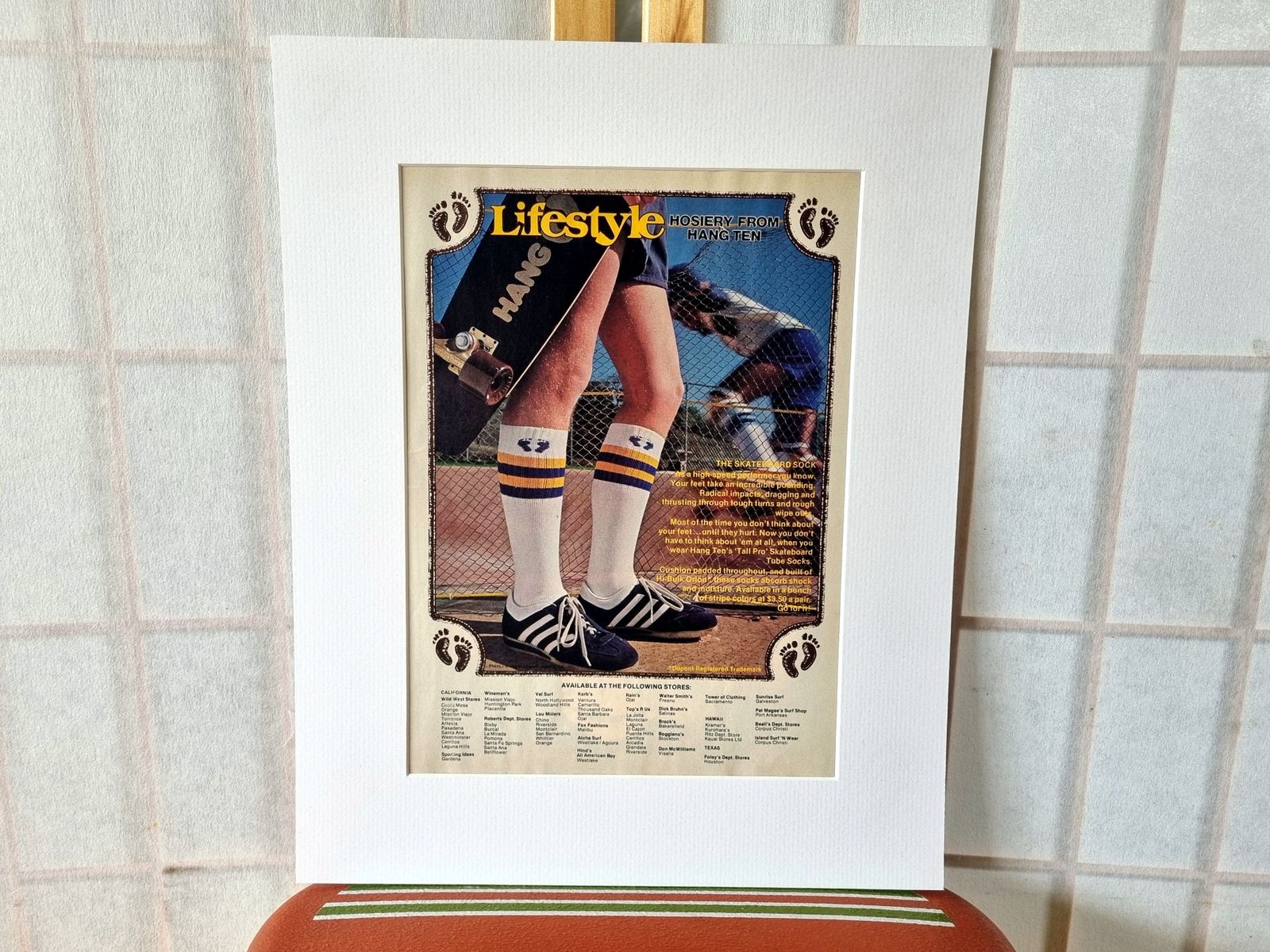 Vintage Skateboard Magazine Ad, Hang Ten Hosiery Print, Adidas Trainers, 1970s California Skate Culture, Mounted Wall Art