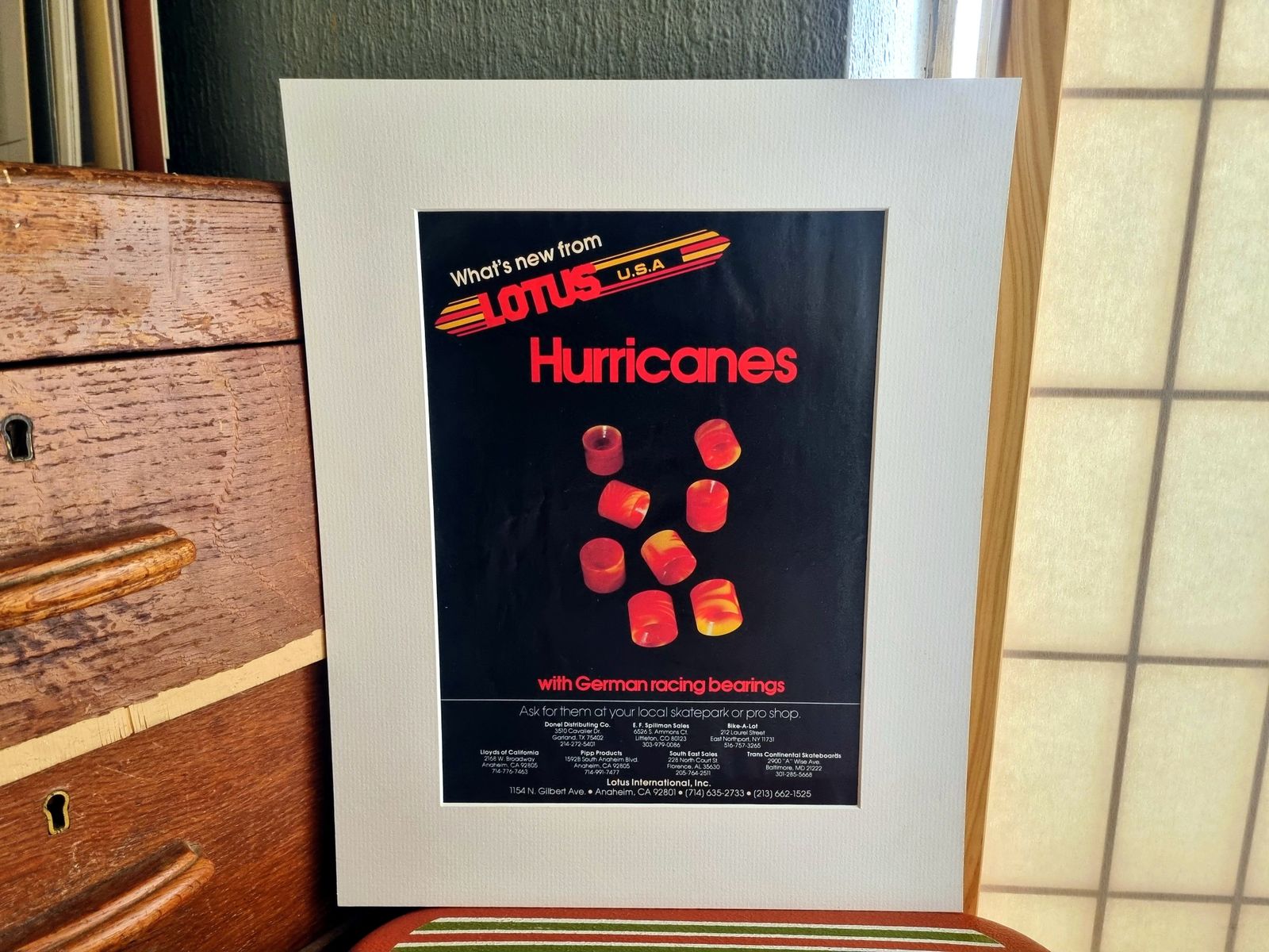Vintage Skateboard Magazine Ad, Lotus USA Hurricane Wheels Print, 1970s Skateboarding Hardware, Mounted Wall Art