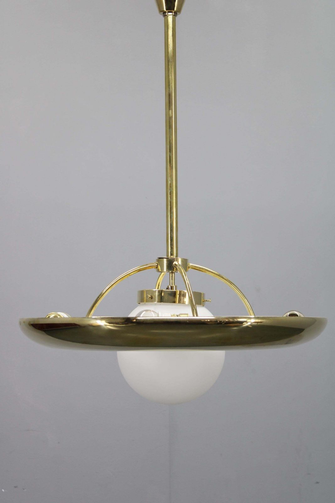 Art Deco Brass Chandelier With White Glass, Czechoslovakia 1930s photo for sale