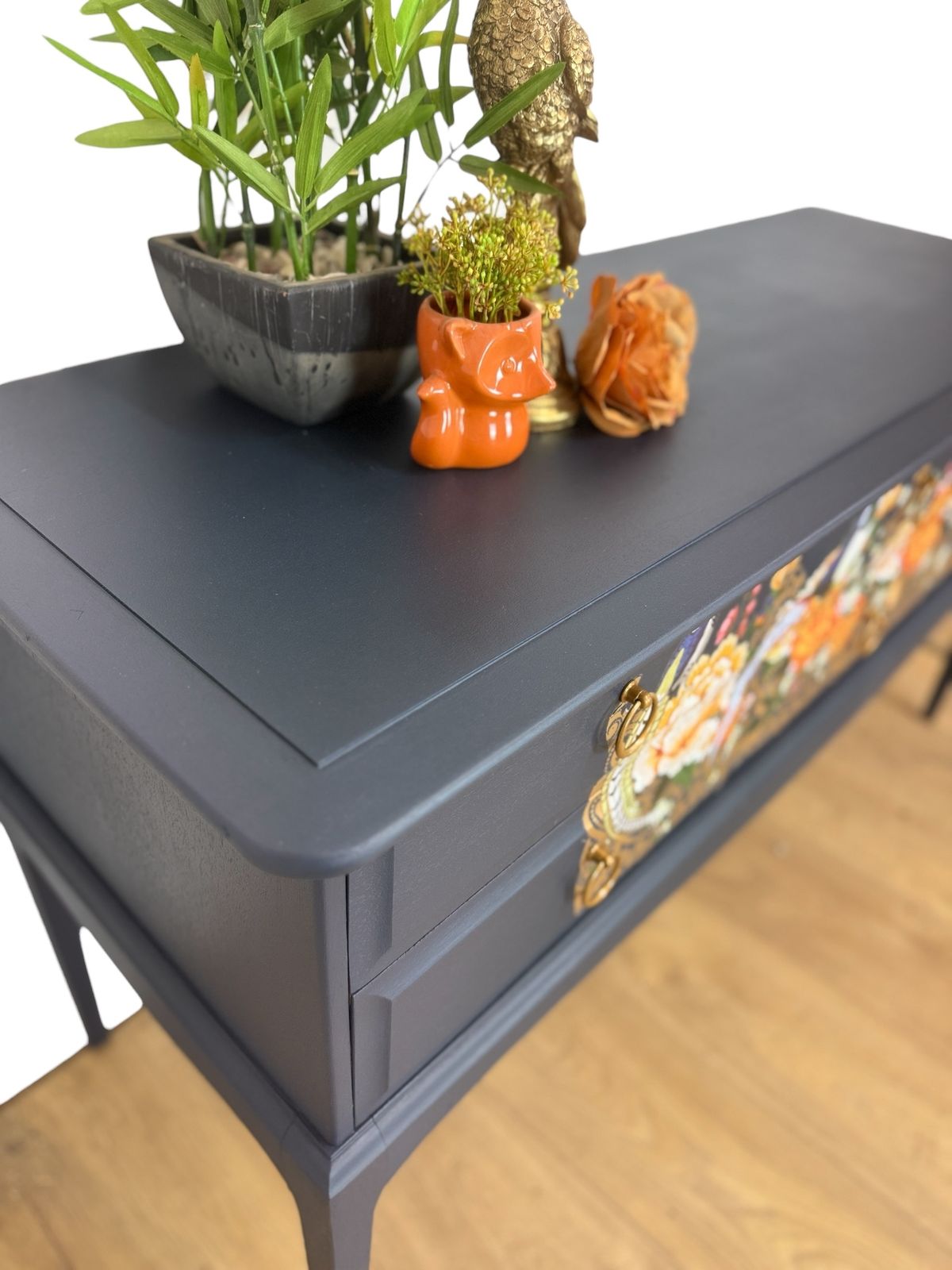 Refinished Stag Minstrel Navy Blue Sideboard With Orange And Gold Birds And Flowers Maximalist photo Furniture