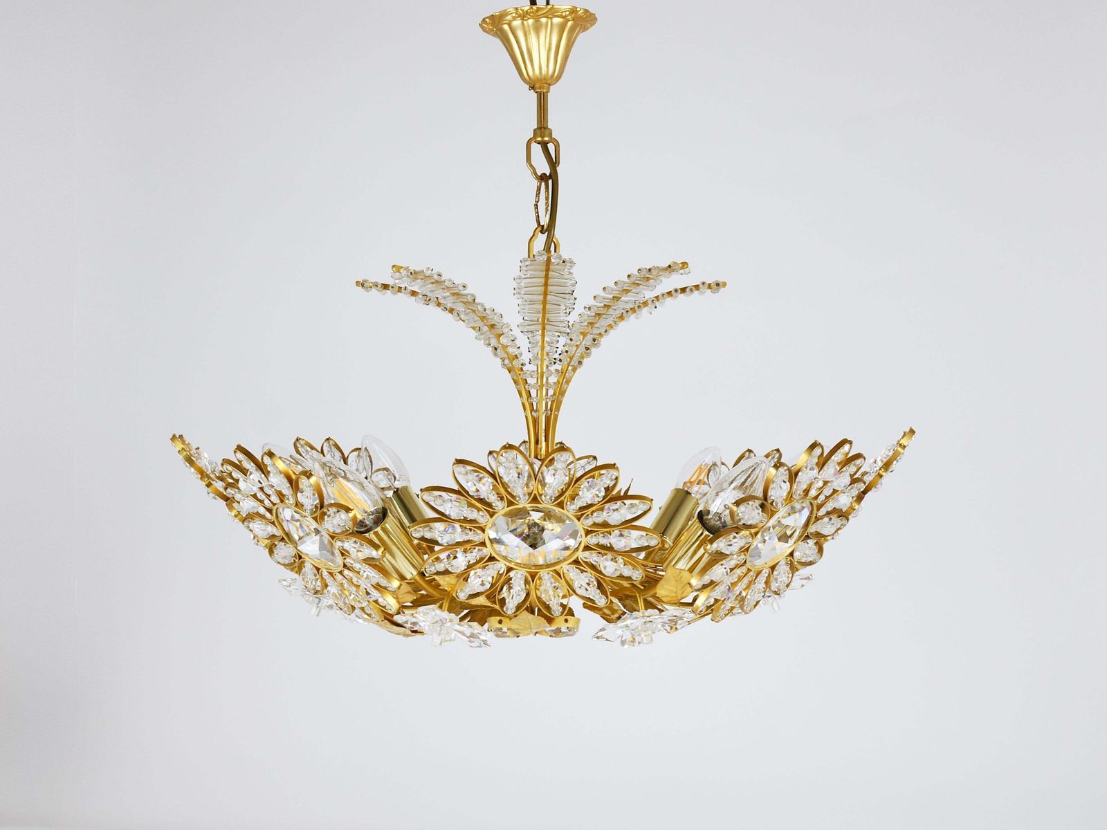 photo buy Ernst Palme Large Palwa Flower Palm Tree Chandelier, Gilt Brass, Crystals, 1970s