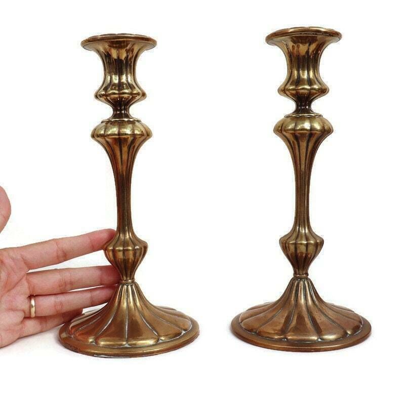 Antique Continental Brass Candlesticks Holders Pair H 9.7'', Large Antique Candle Holders. photo Home Decor