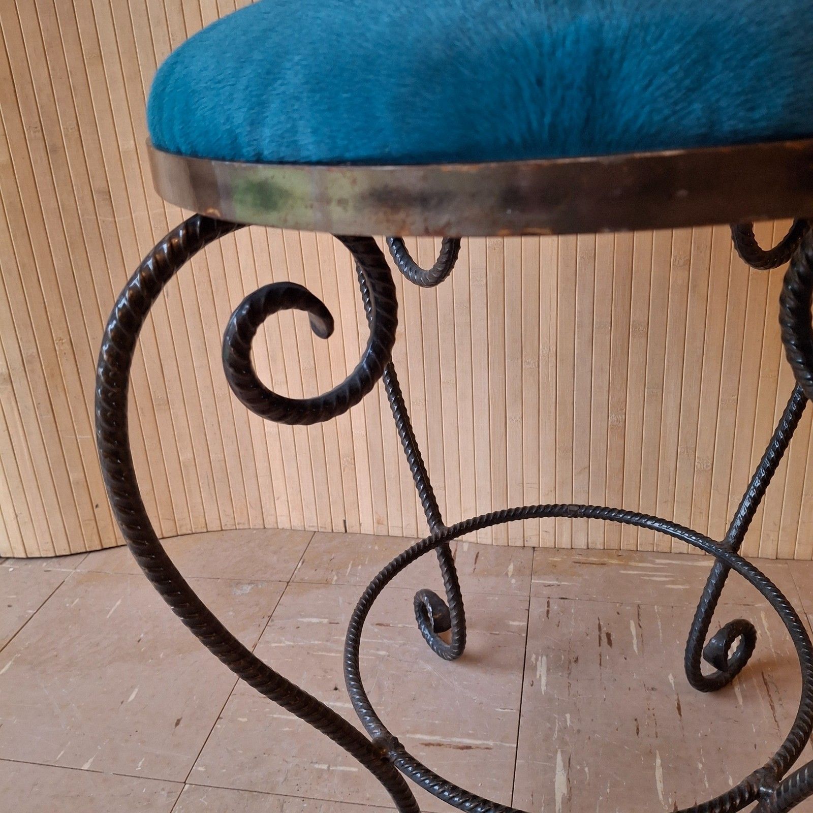 photo for sale Fab Vintage Retro Dark Turquoise Blue Goatskin & Wool Boudoir Chair Iron Frame