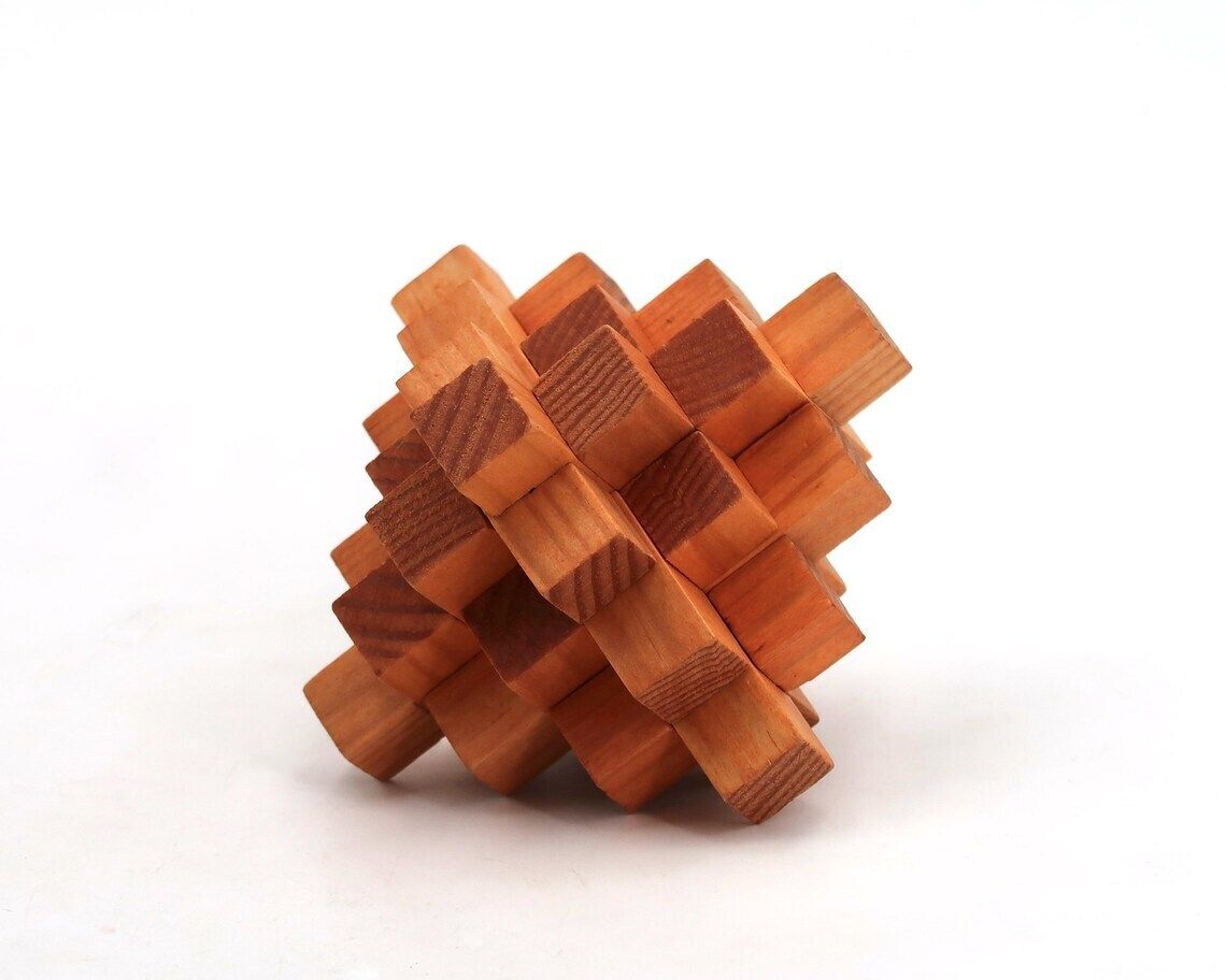 French Sculptural Wooden Puzzle By Arjeu 1970s  Wood Sculpture Paperweight Modernist France Home Decor photo furniture