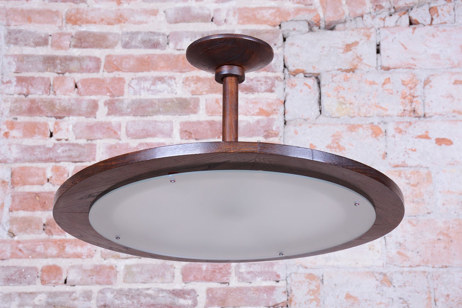 Restored Mid Century Ceilig Lamp, Oak, Frosted Glass, Czech, 1950s photo furniture