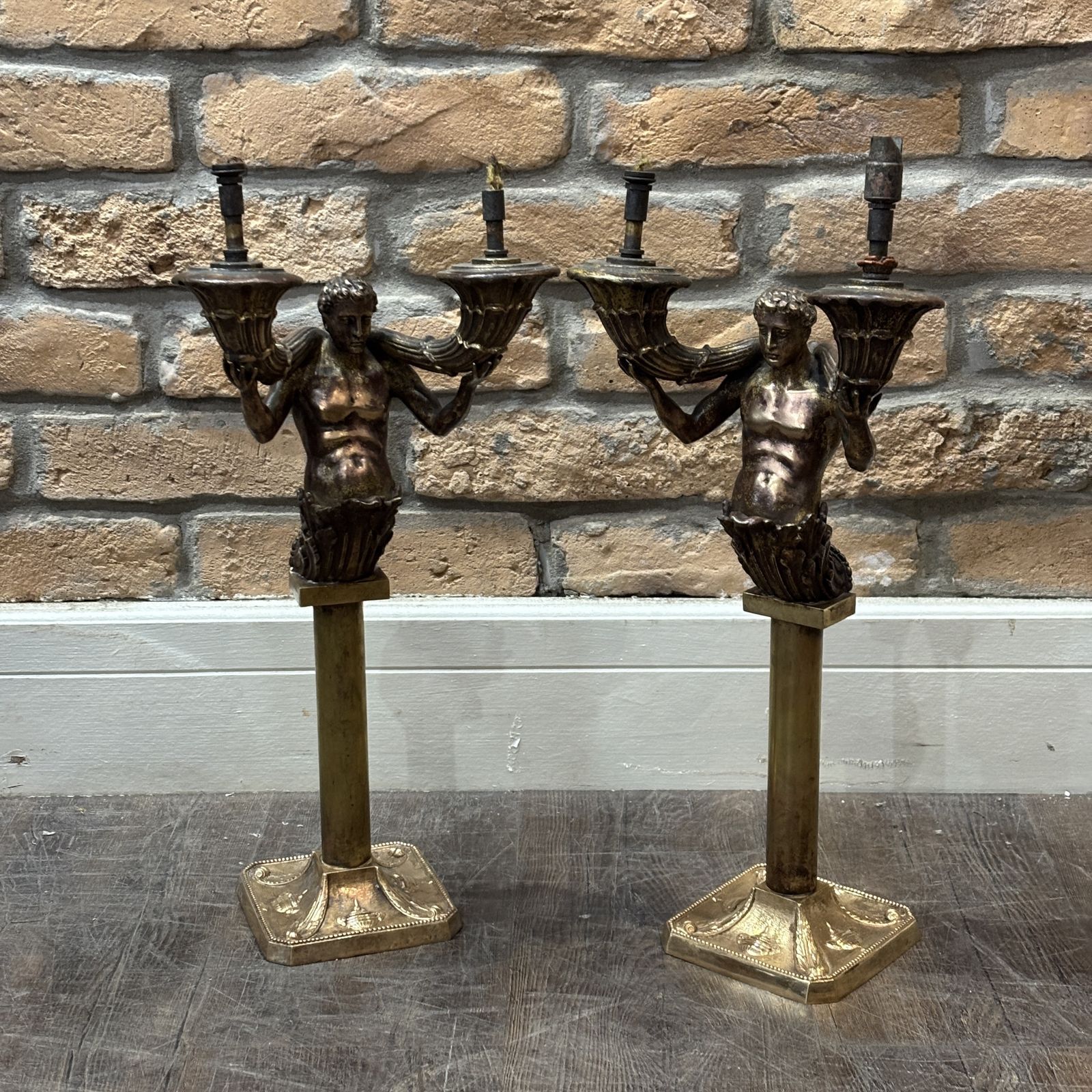 Pair Of Merman Twin Arm Candelabra Lamps
