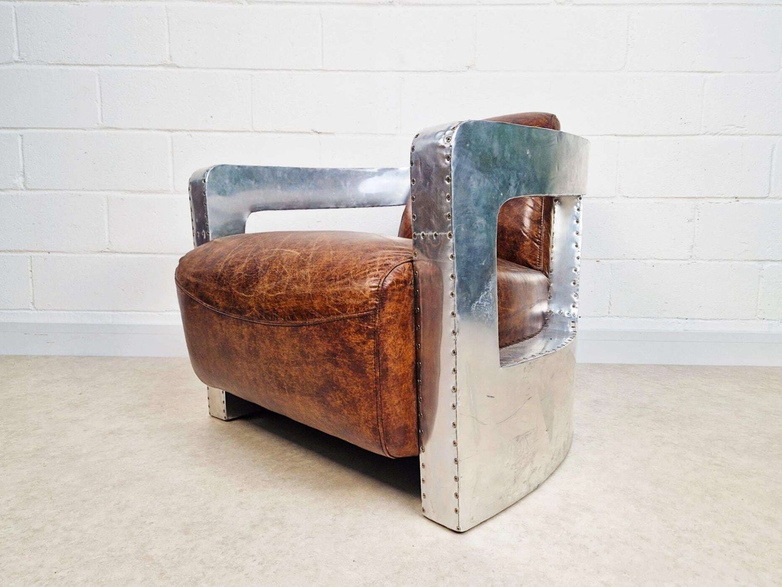 Vintage Mid Century Aluminium & Chesnut Leather Aviator Lounge Accent Armchair Pg050 photo for sale