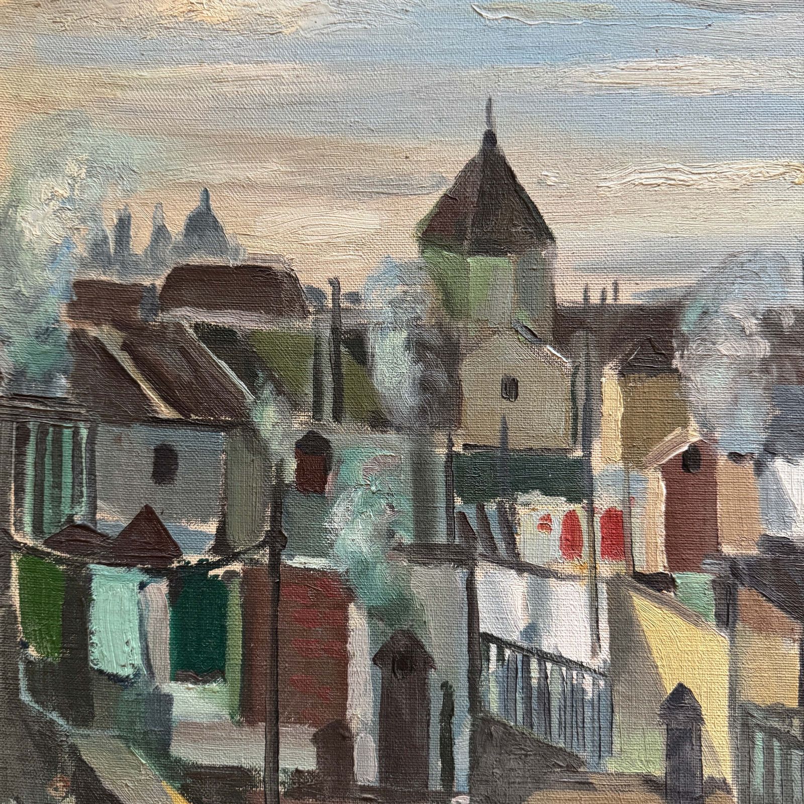 Barcelona 1952. Vintage Modernist Oil Painting By Swedish Artist Jacues Sund photo furniture