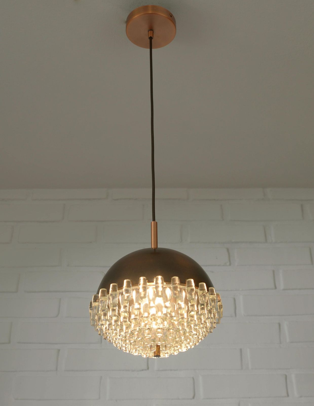 Lighting 1/4 Vintage Glass Pendant Light / Brutalist Copper Bar Lamps / Mid Century Modern 1970's photo