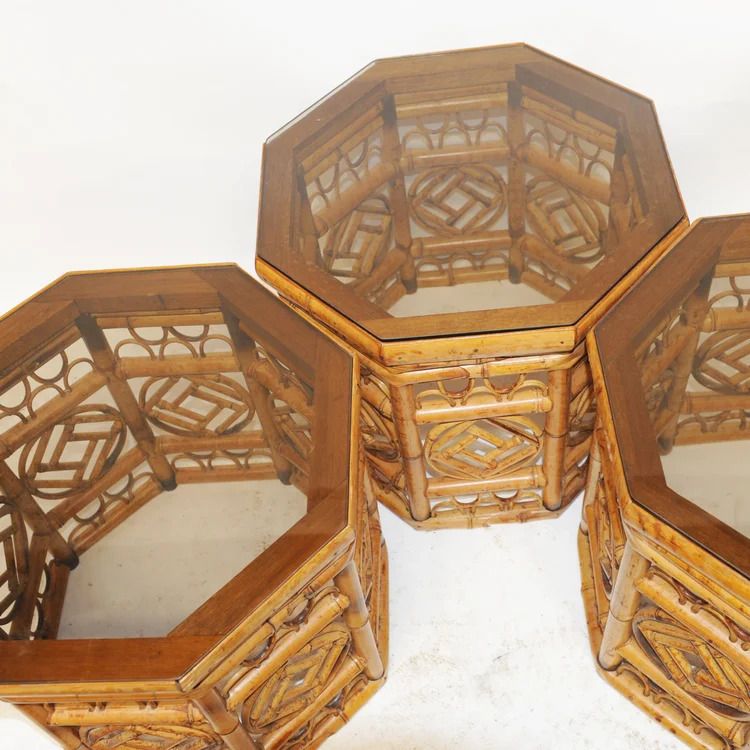 Hexagonal Bamboo Side Tables With Smoked Glass Top  1970s  Set Of 3 photo 455.0