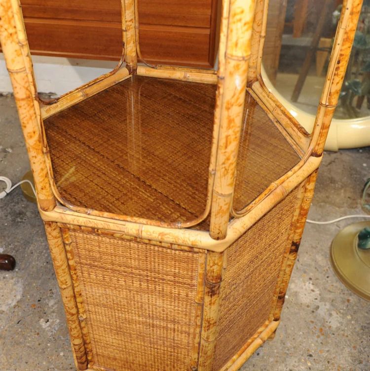 Vintage Pagoda Rattan Bamboo Etagere Display Shelf 1970s photo for sale