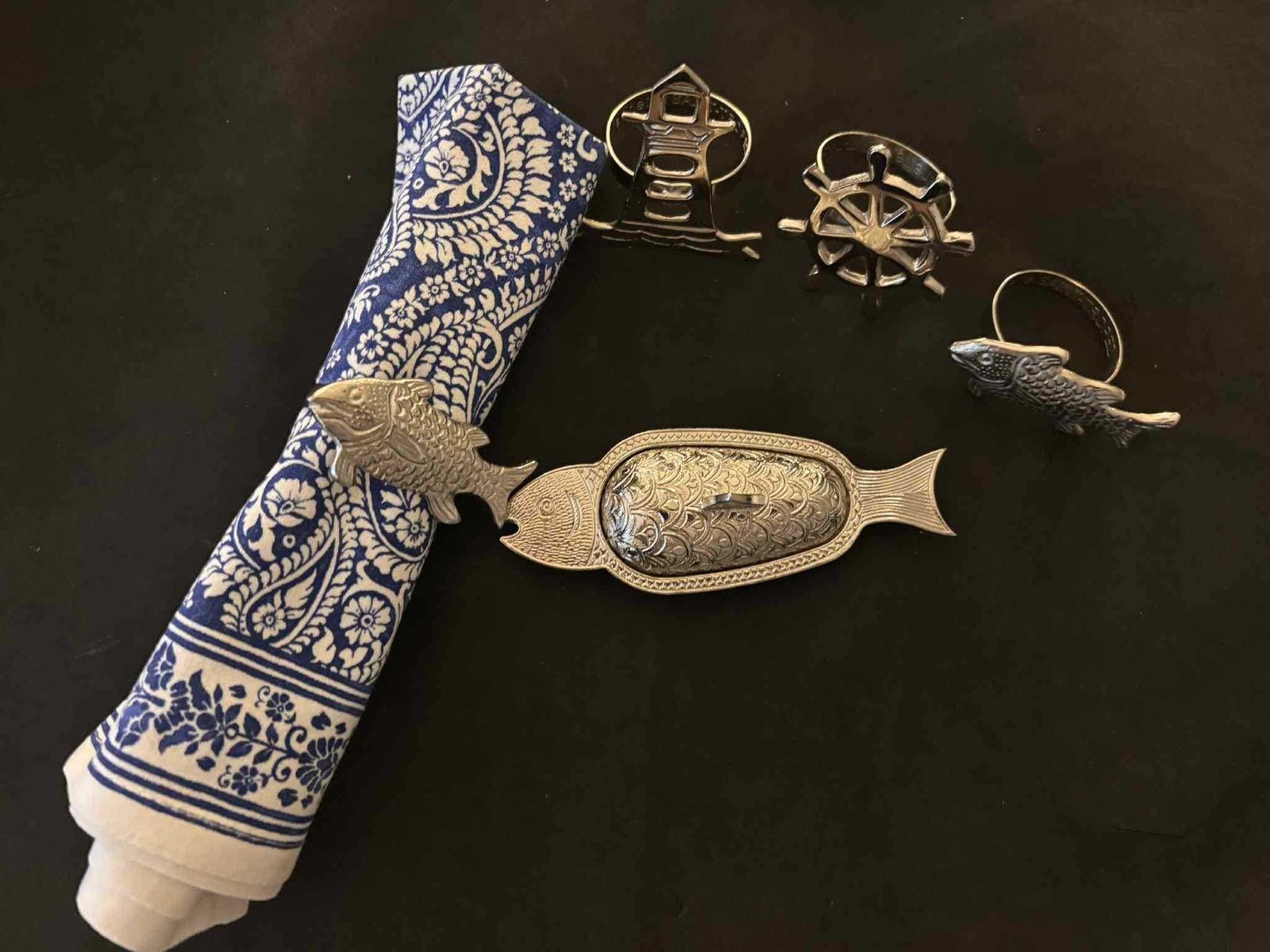 photo for sale Marine De Saint Tropez Coastal Napkin Rings, Fish Box, Beach Table Decor, Set Of 5