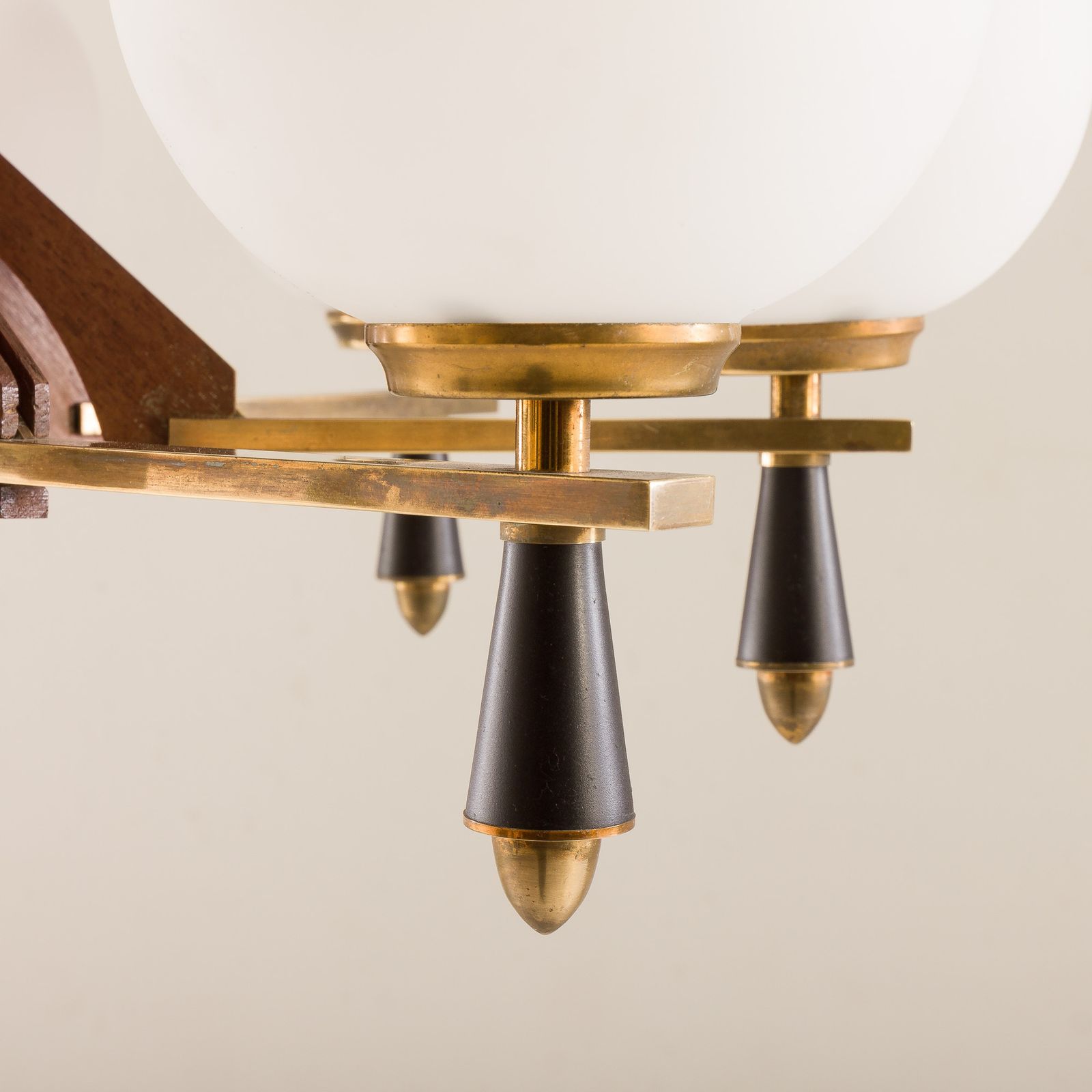 Italian Mid Century Chandelier In Brass And Teak, 1960s photo vintage