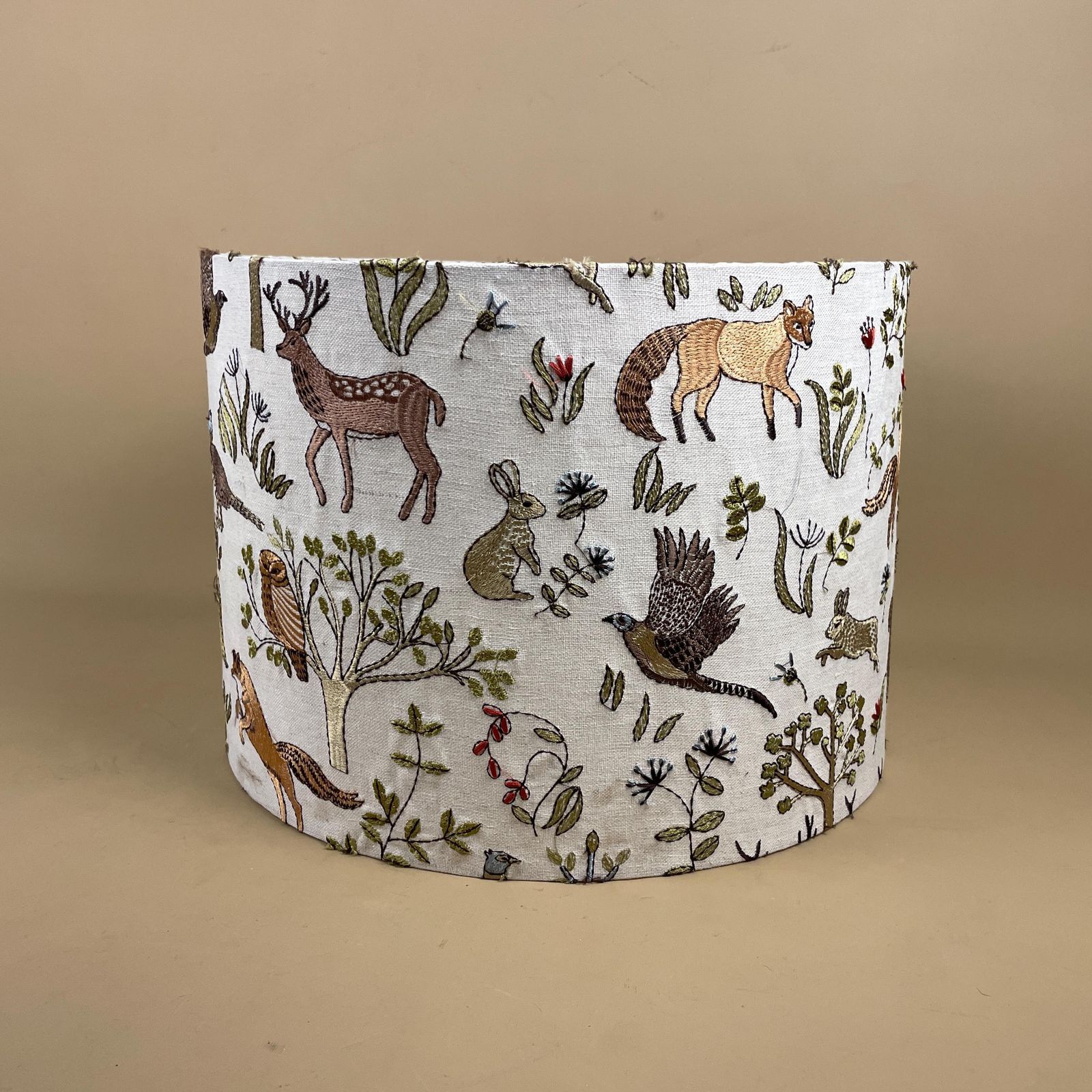 Designer Linen Bramble Wood Fabric Animal Lamp Shade Lampshade Drum Ceiling Large Lamp Shade Animals Voyage Maison Woodland Embroidered photo vinterior