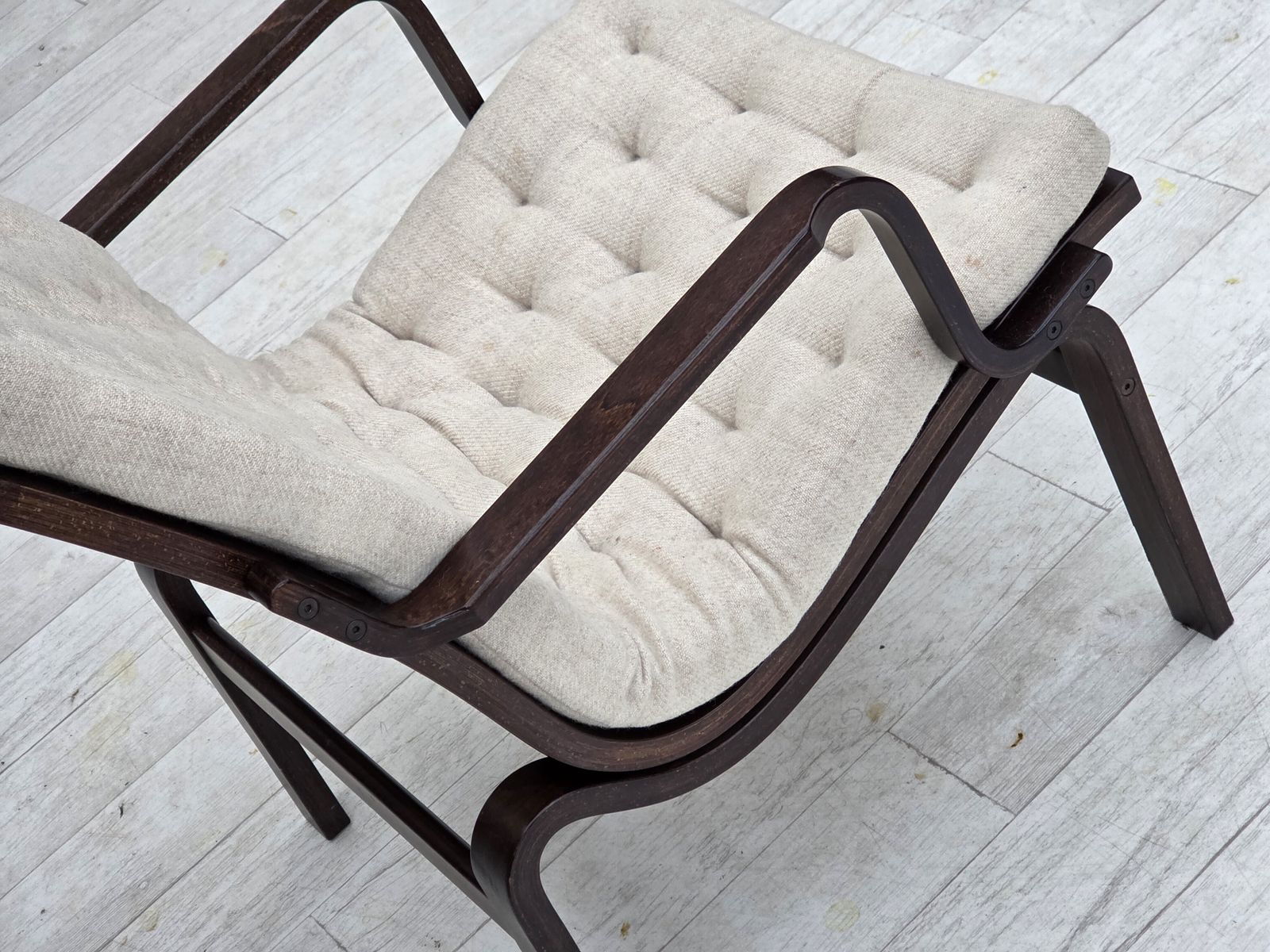 Furniture 1970s, Scandinavian Armchair, Furniture Wool, Dark Beech Wood. photo