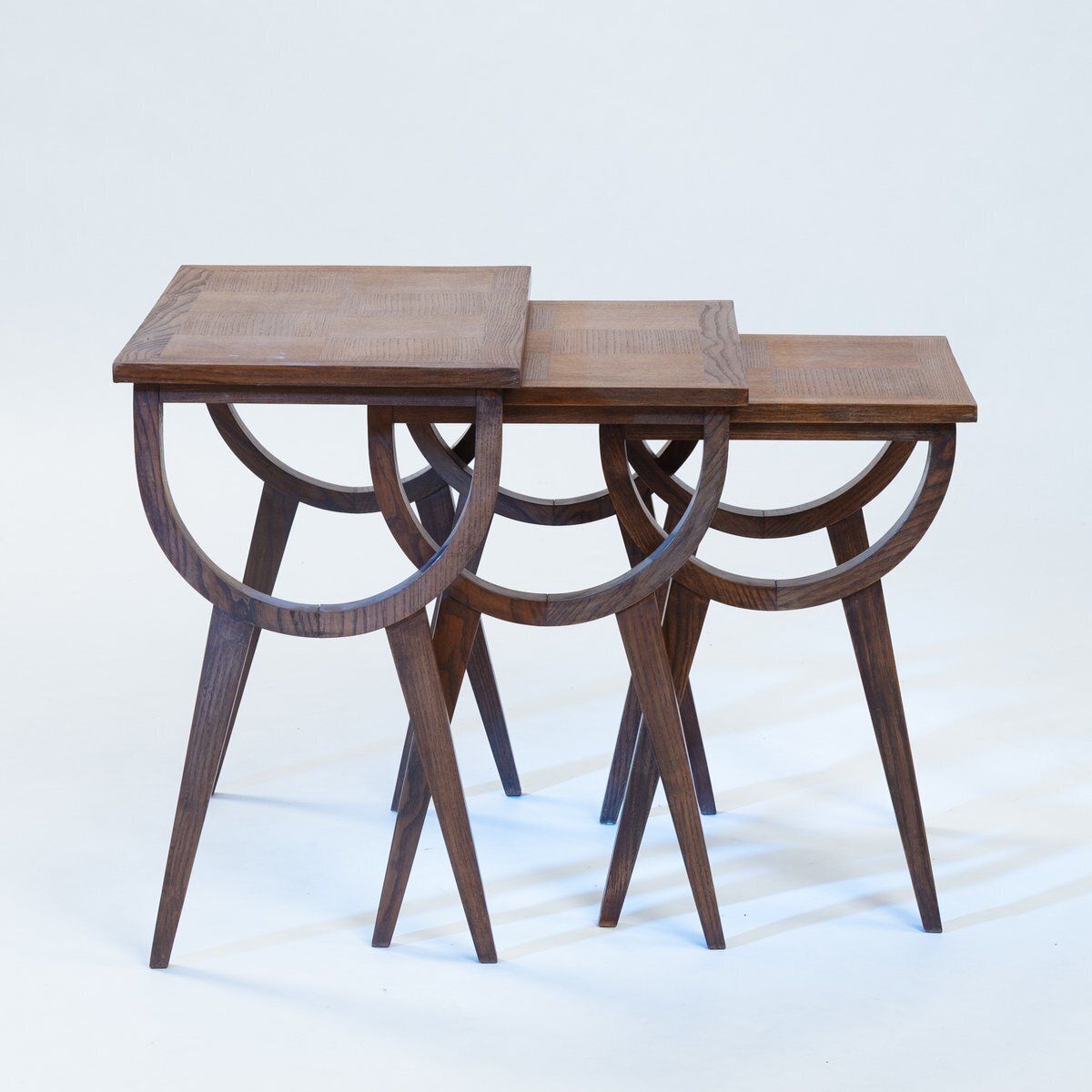 Furniture Mid Century French Oak Parquetry Nesting Tables, 1950s, Set Of 3 photo