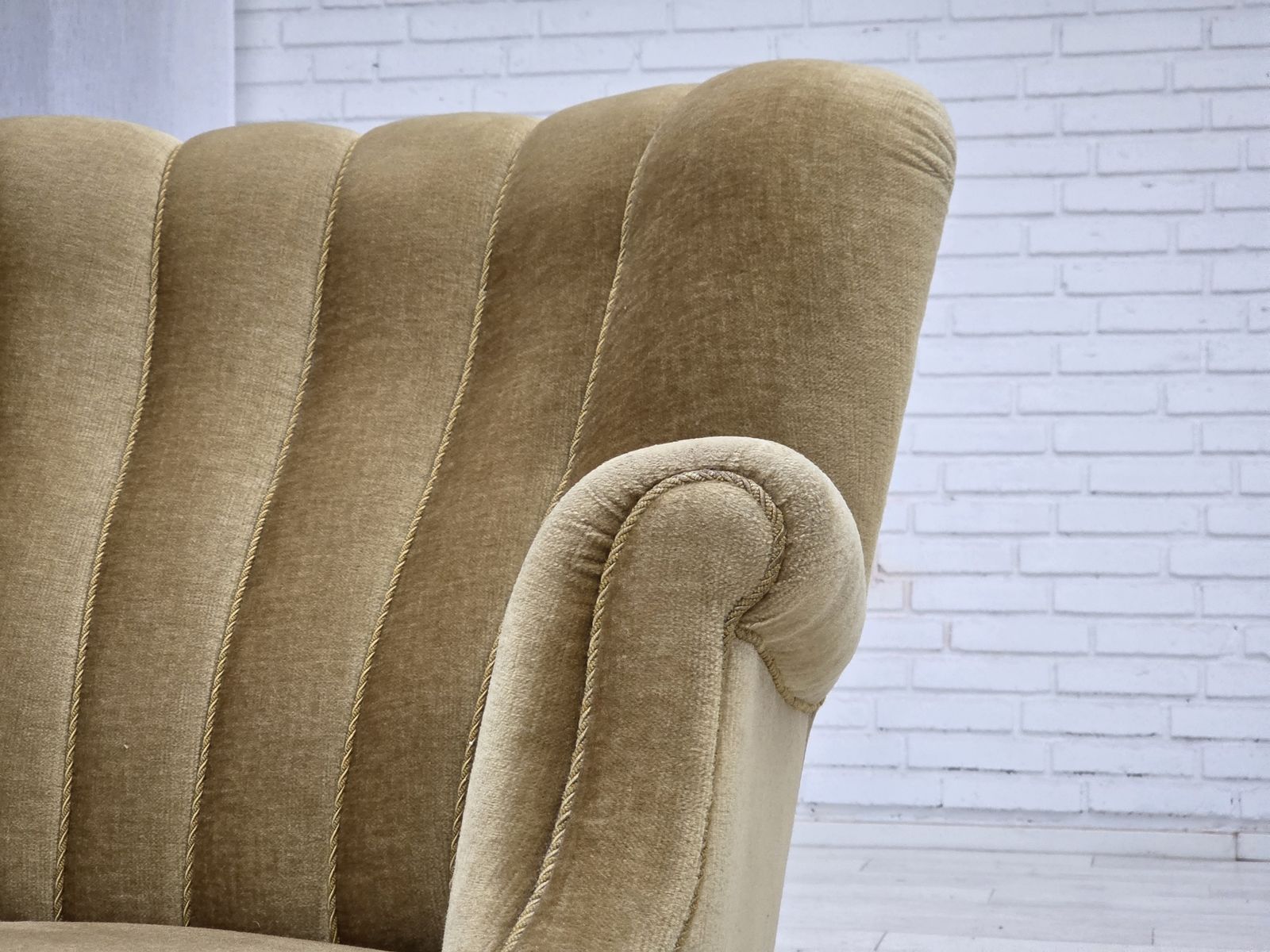 1960s, Danish Armchair, Green Furniture Velour, Oak Wood. photo vinterior
