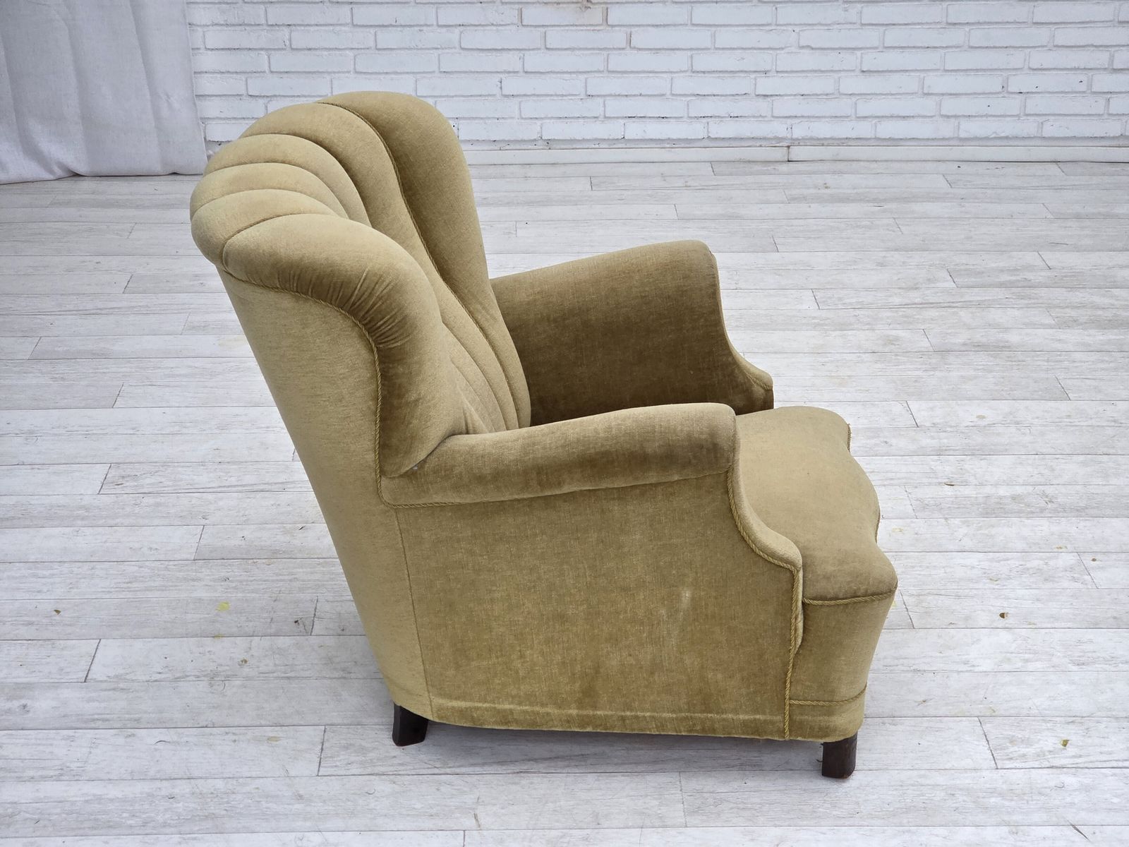 Furniture 1960s, Danish Armchair, Green Furniture Velour, Oak Wood. photo
