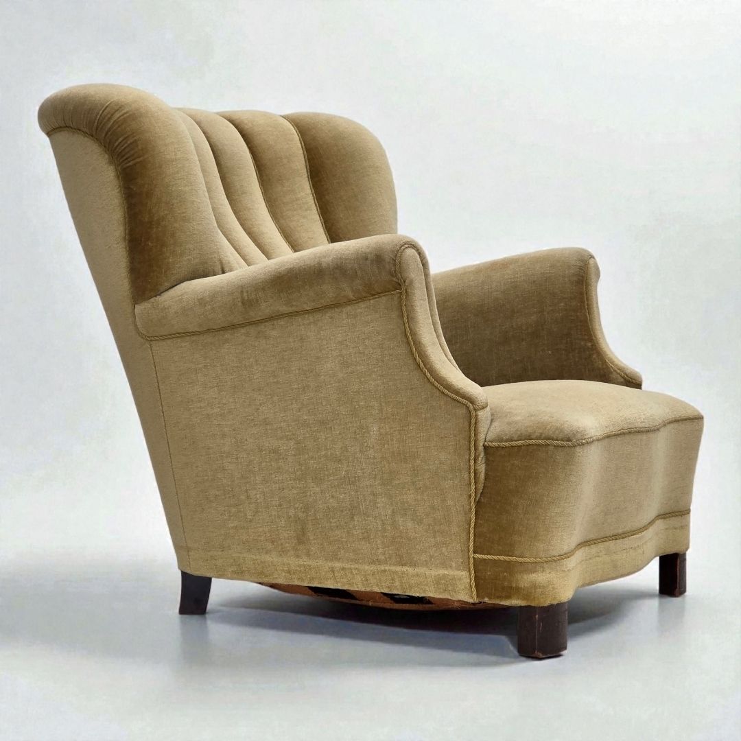 1960s, Danish Armchair, Green Furniture Velour, Oak Wood.