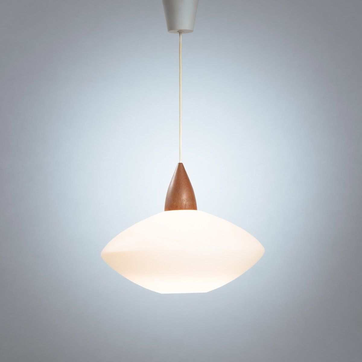 White Opaline Teak Pendant Light By Uno & östen Kristiansson For Luxus, Sweden, 1950s