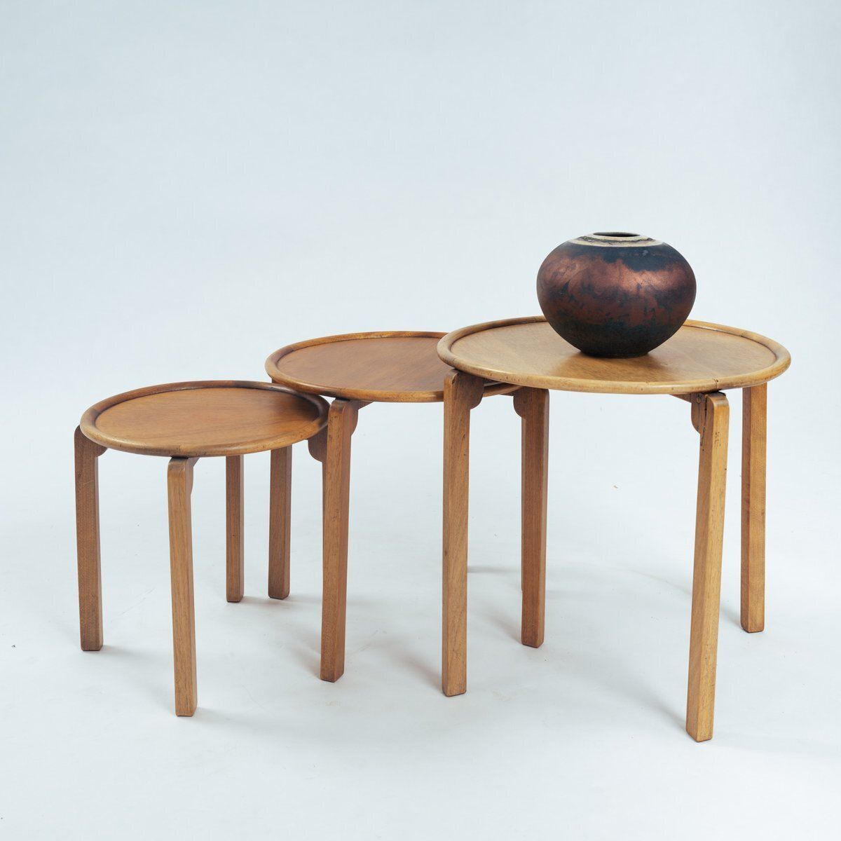 Art Deco Oak Wooden Round Amsterdam School Nesting Tables, The Netherlands, 1920s, Set Of 3 photo furniture