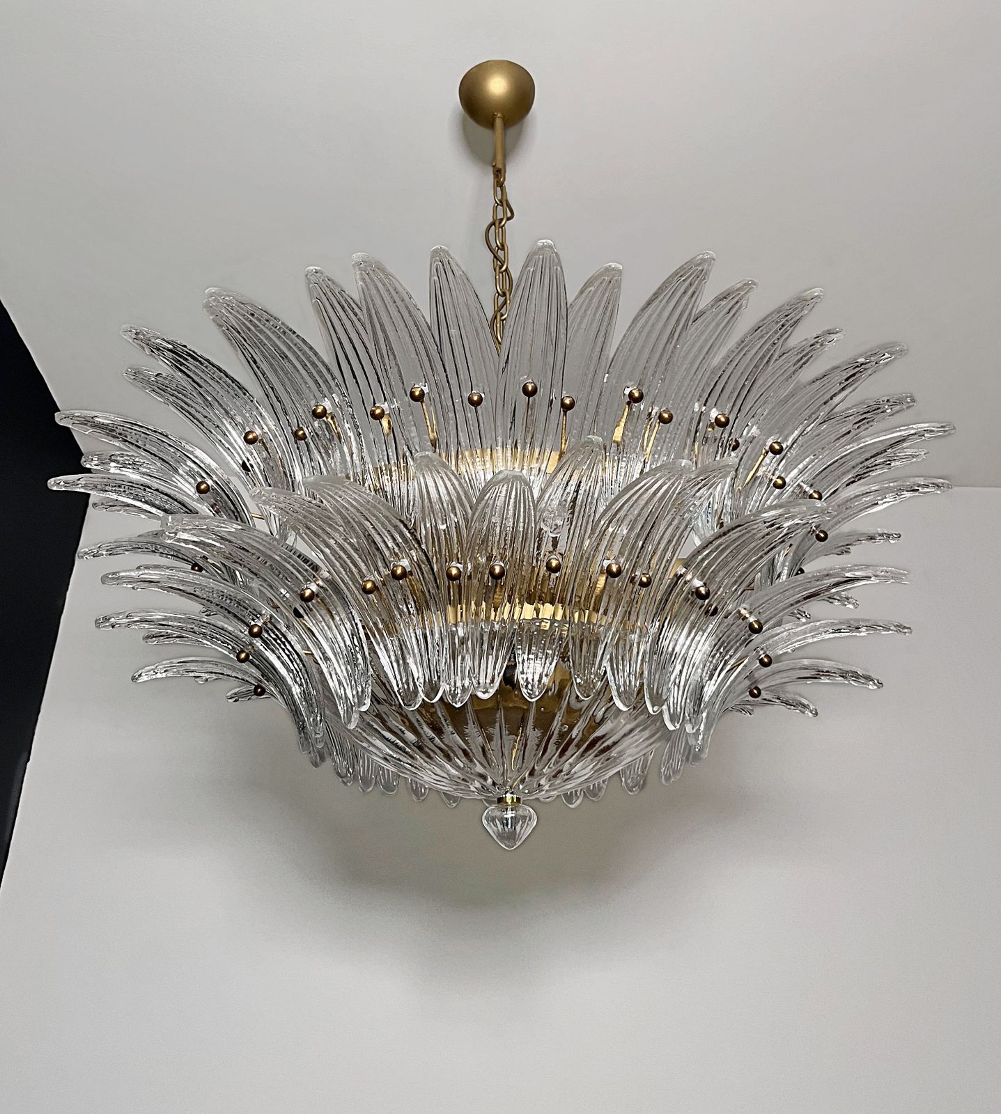Murano Chandelier Original Palmette, Two Levels, 82 Clear Glasses photo vintage