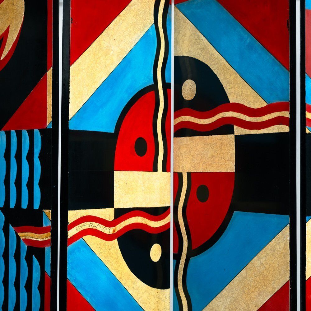photo vinterior Art Paravent Room Divider With Birds And Geometric Patterns, 1970s