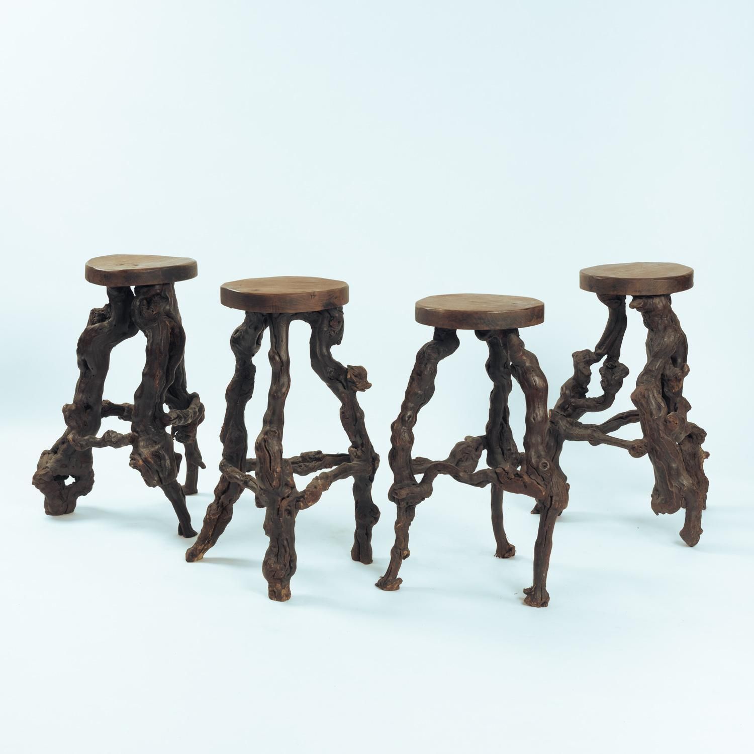 4 Handcrafted Brutalist Tripod Vine Wood And Oak Barstools, France, 1950s photo Furniture