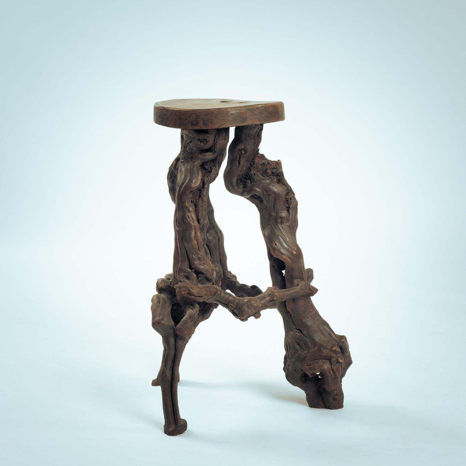 4 Handcrafted Brutalist Tripod Vine Wood And Oak Barstools, France, 1950s photo vinterior