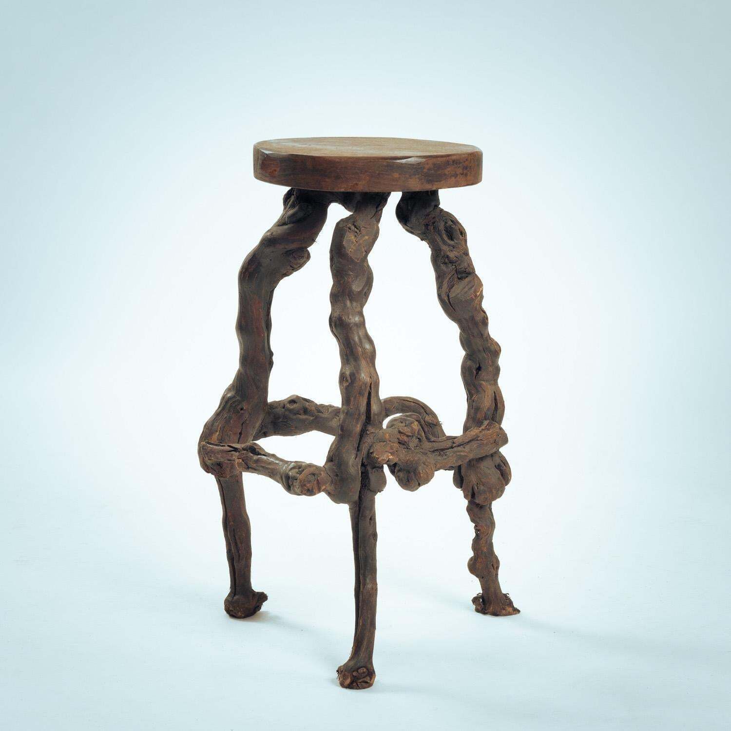 4 Handcrafted Brutalist Tripod Vine Wood And Oak Barstools, France, 1950s photo buy