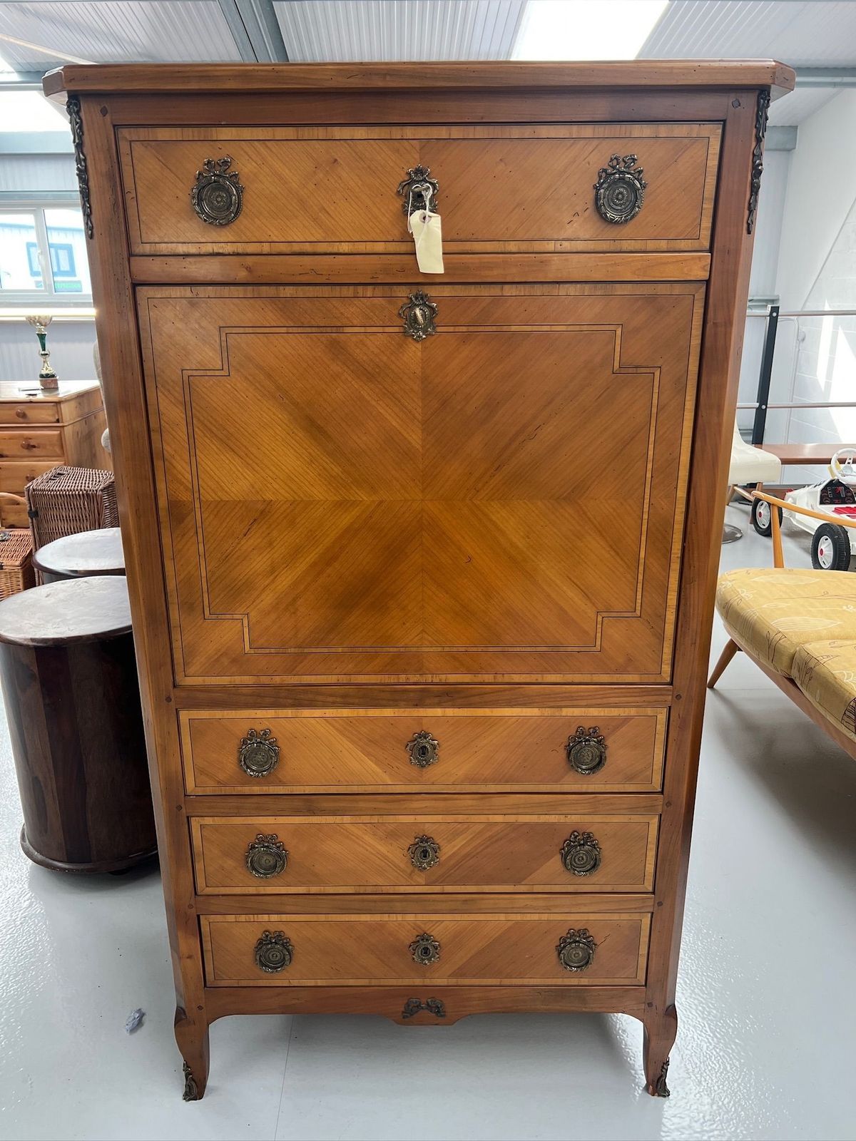 French Style Hardwood Drop Flat Writing Bureau With 3 Drawers