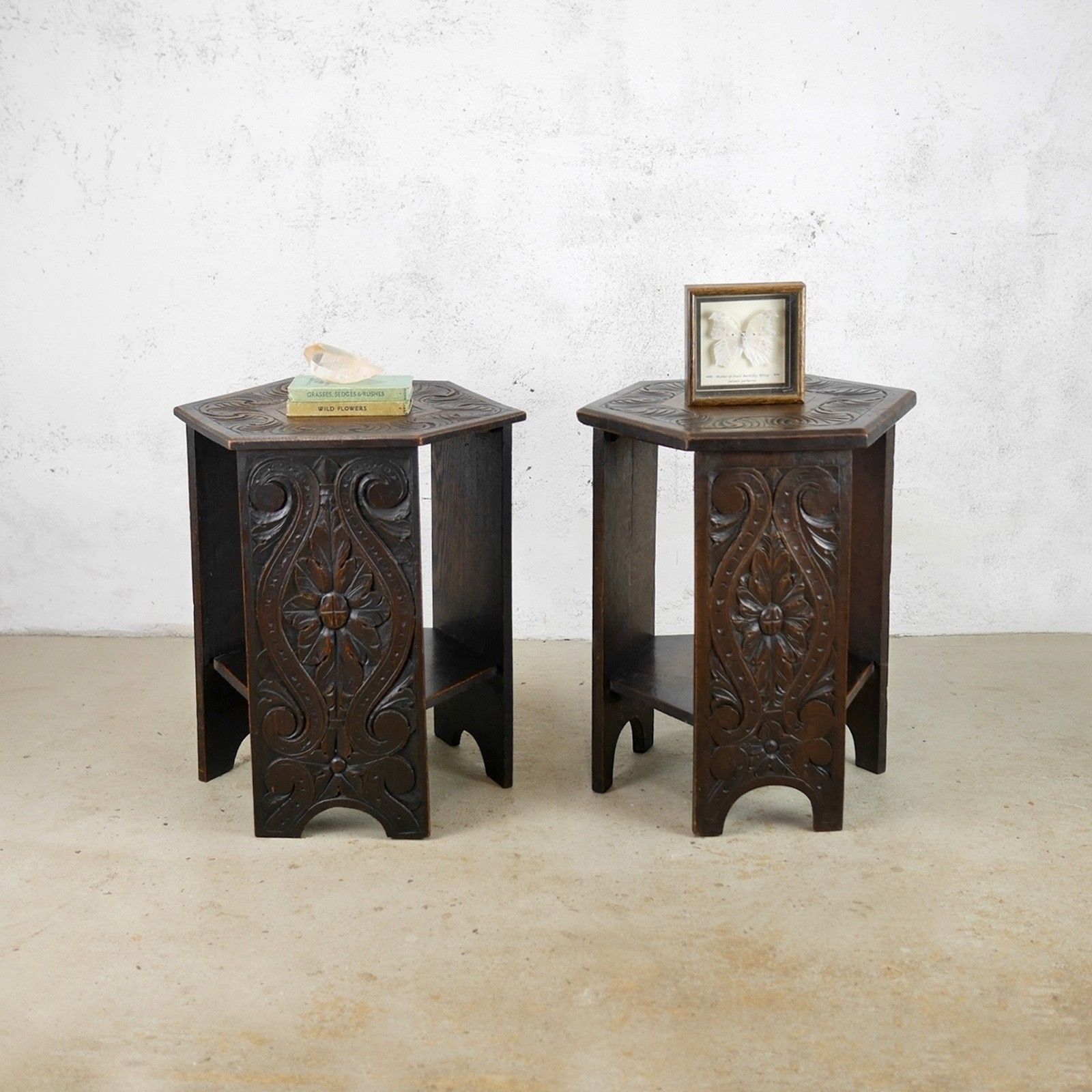 Pair Antique Carved Arts & Crafts Oak Side Lamp Tables Vintage #103106