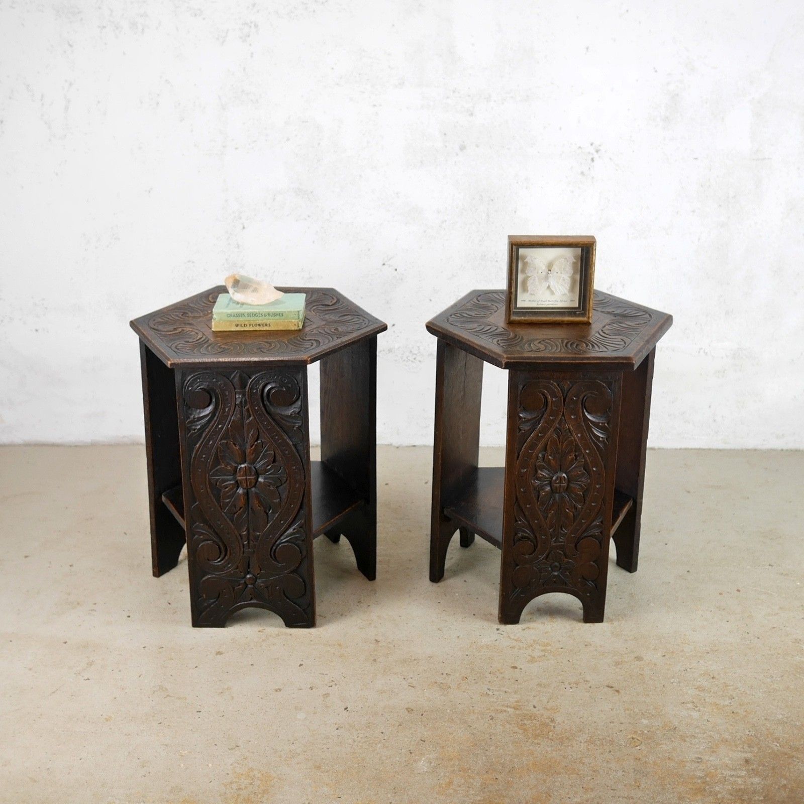 Pair Antique Carved Arts & Crafts Oak Side Lamp Tables Vintage #103106 photo for sale