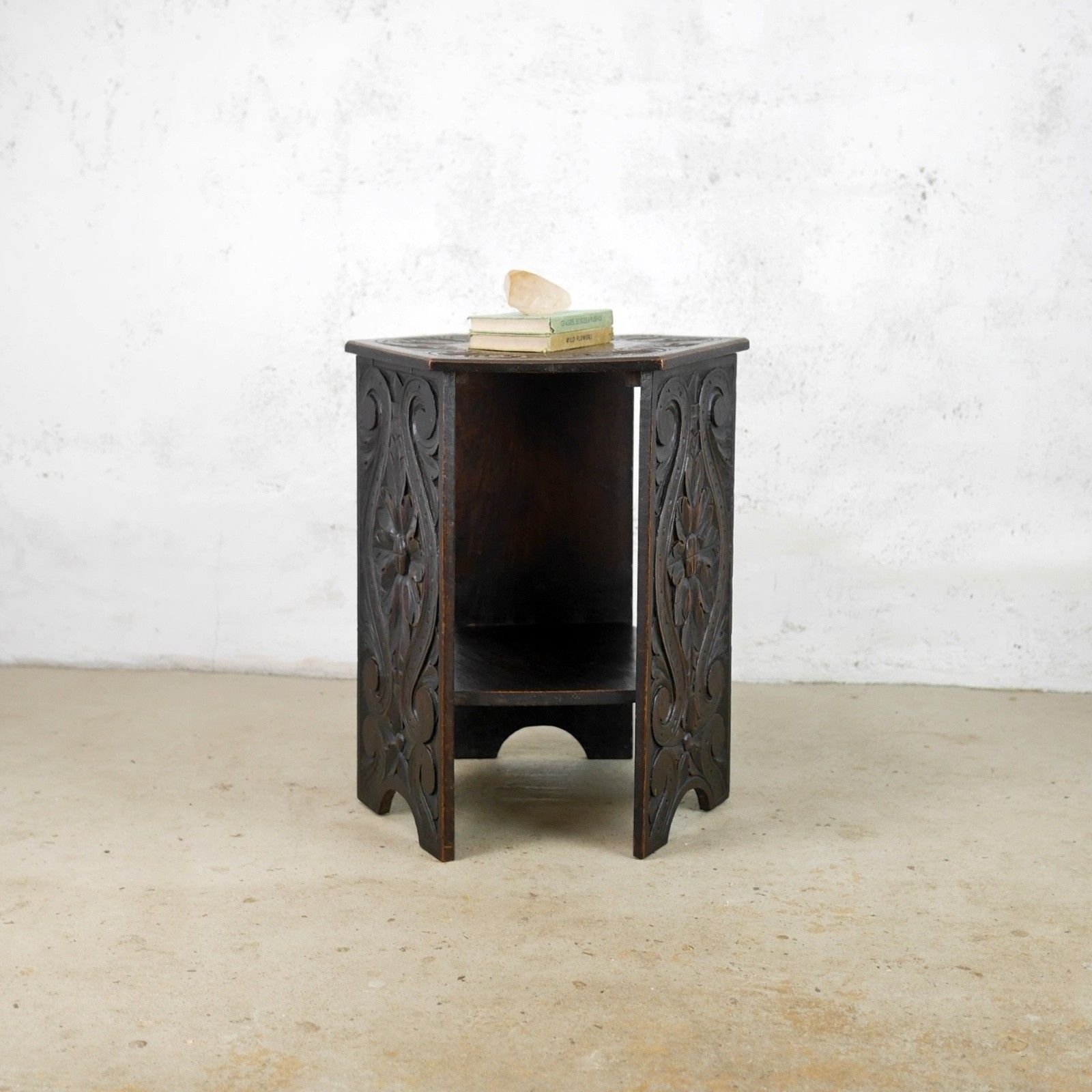 photo for sale Pair Antique Carved Arts & Crafts Oak Side Lamp Tables Vintage #103106