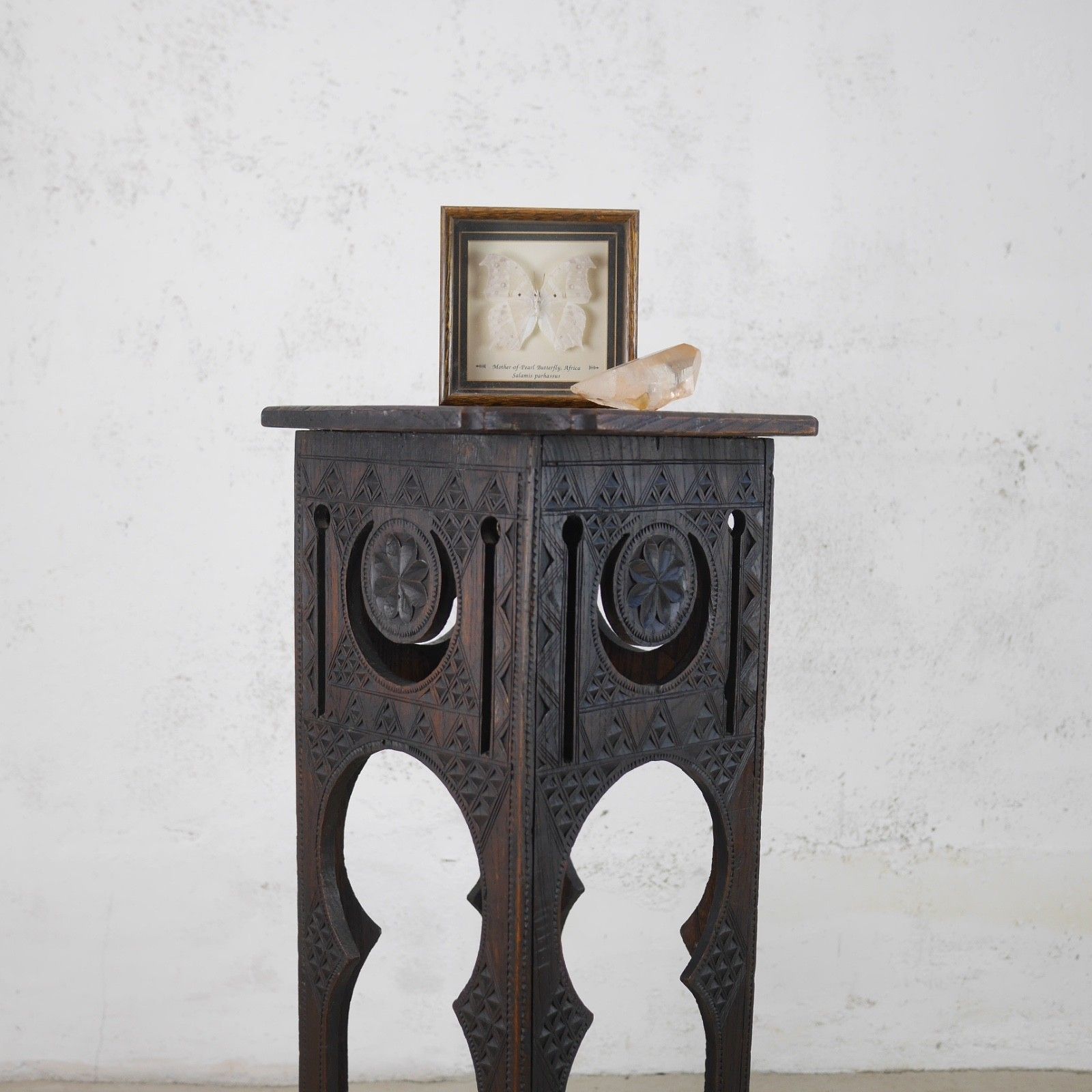 Furniture Antique Arts & Crafts Carved Moorish Hard Dark Wood Lamp Side Table #103111 photo