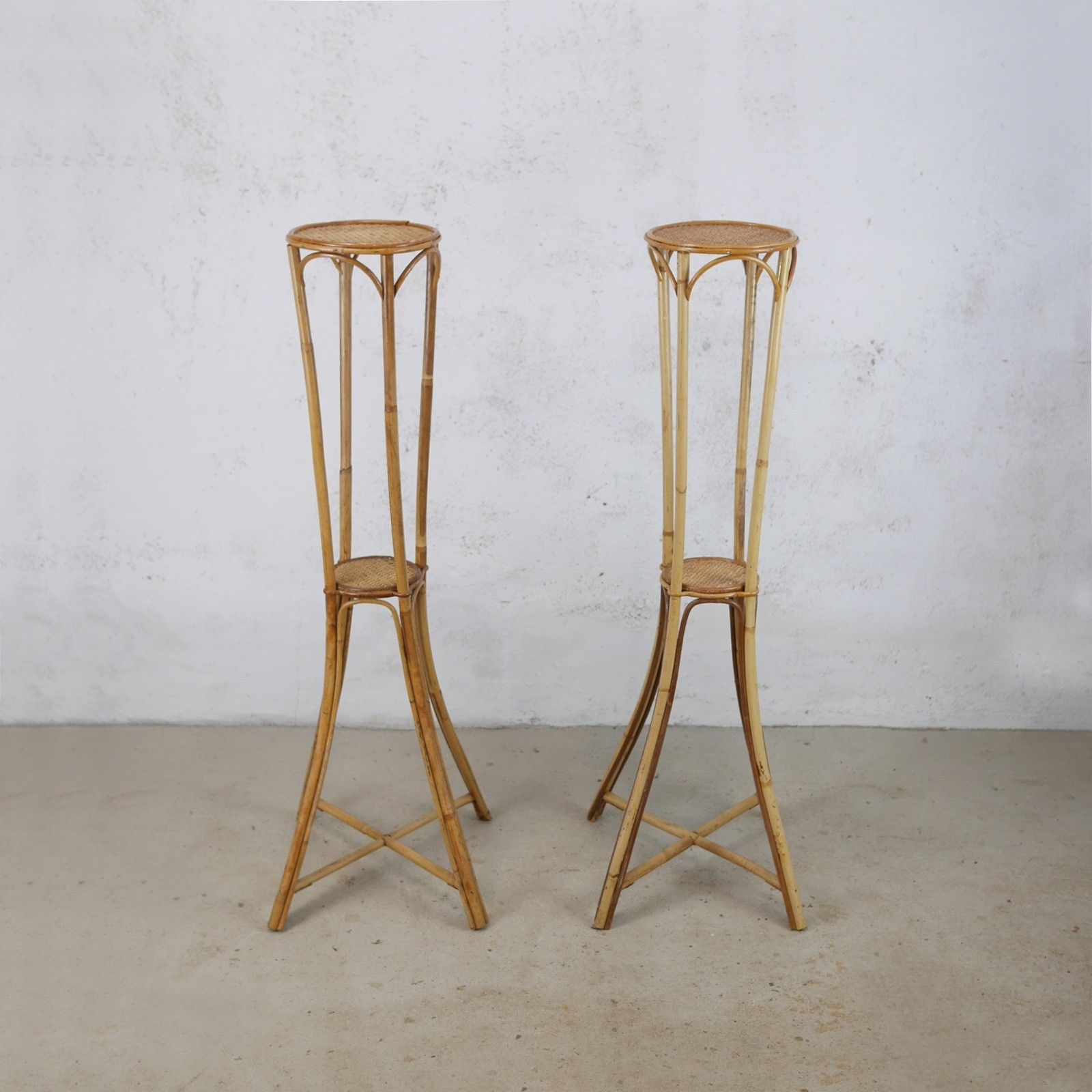 Pair Vintage Tall Bamboo Cane Rattan Plant Stands Jardiniere #103108 photo Home Decor