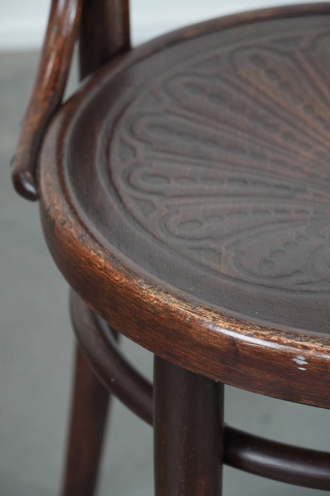 Furniture Set Of Four Lovely Timeless Vintage Wooden Cosmos Bistro Design Chairs With Beautiful Carvings And Beautiful Details photo